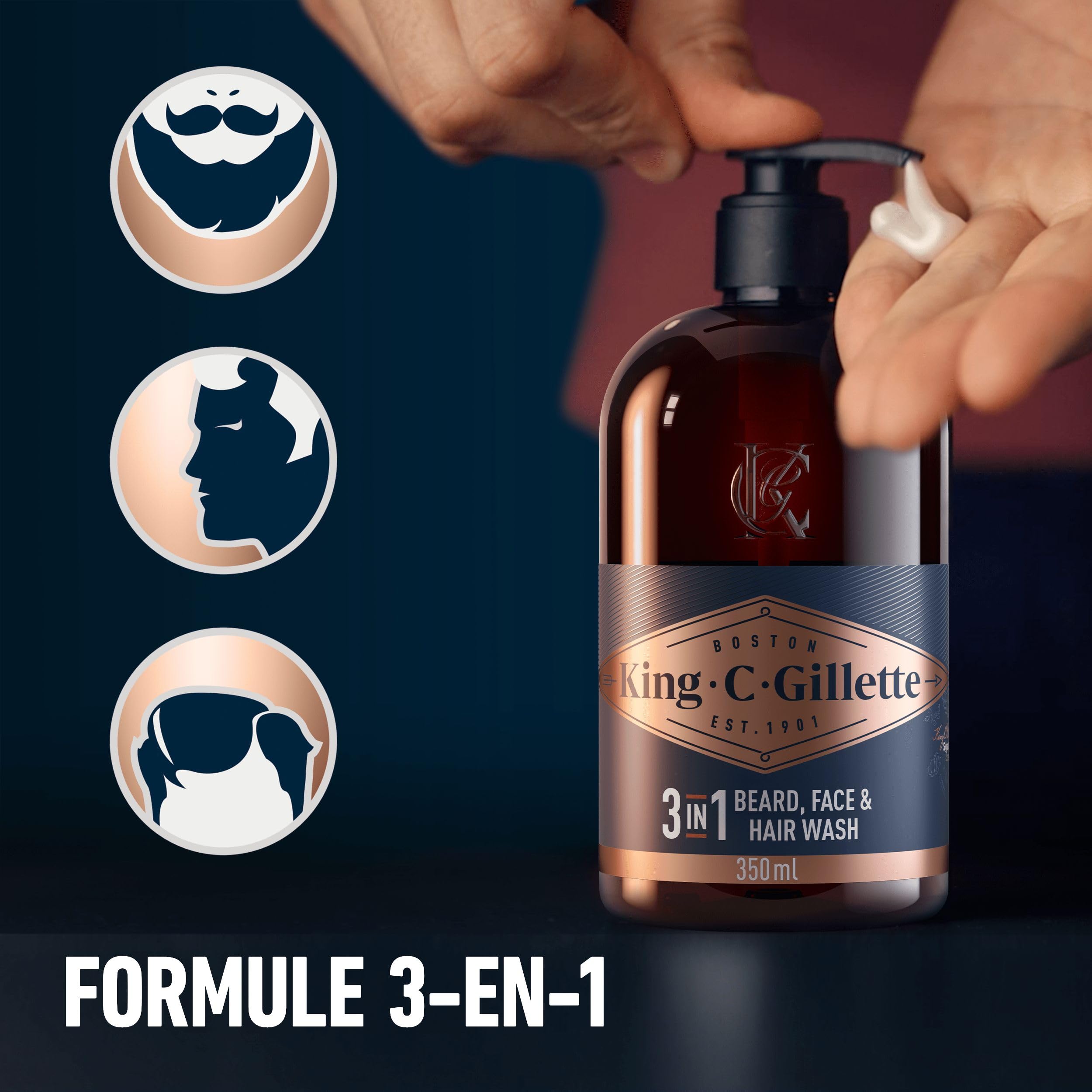 King C.Gillette Coffret cadeau style parfait pour homme pour un rasage de barbe rapide et facile, avec 1 tondeuse à barbe électrique et 4 différents sabots et un nettoyant 3 en 1 pour barbe