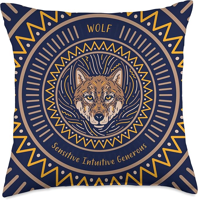 Native American Wolf Zodiac Sign for Pisces Blue Brown Throw Pillow
