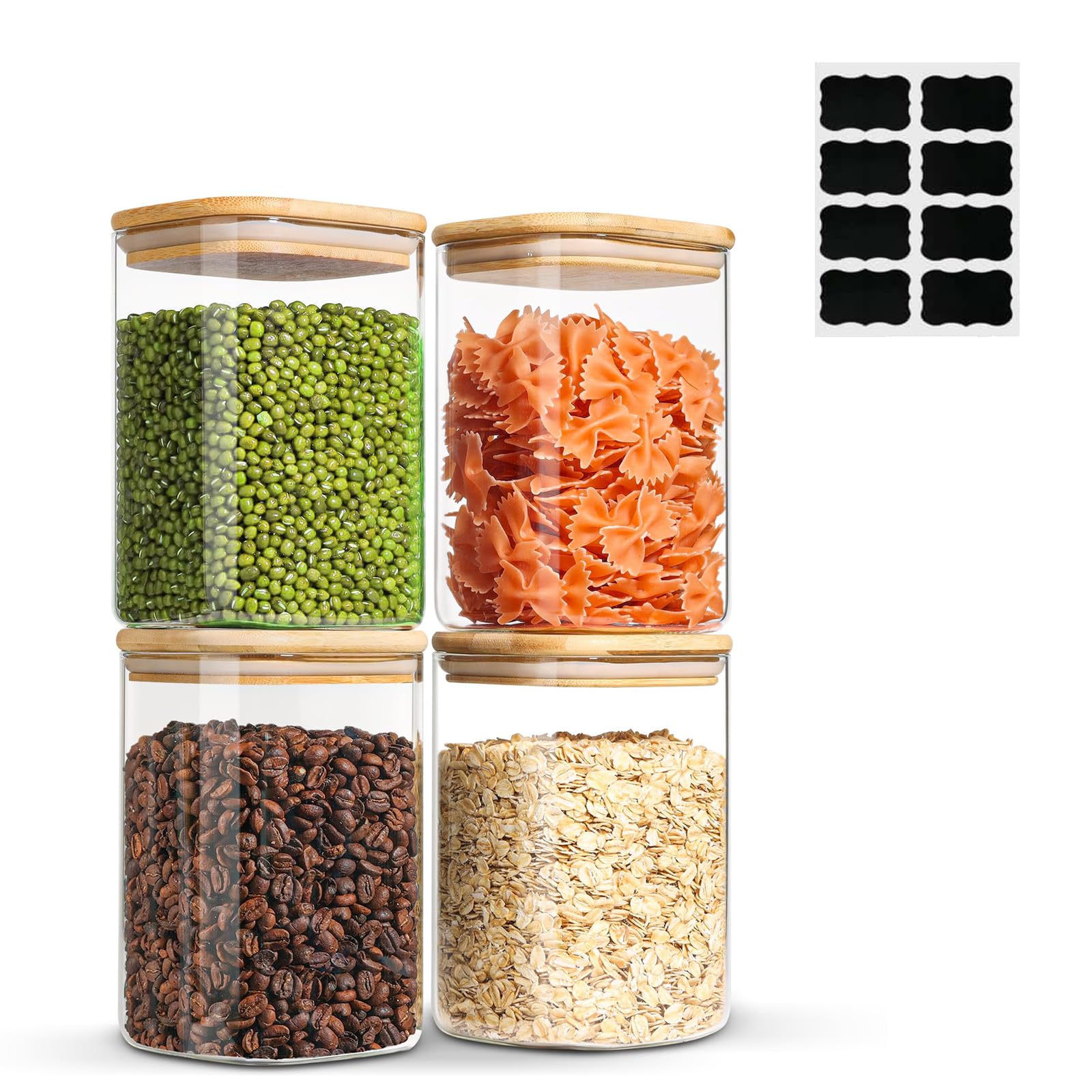 Eidoct Transparent Glass Food Storage Jars 1100Ml, Glass Storage Containers With Lids Clear Food Storage Container Jar With Sealing Lid For Noodles Flour Cereal Rice Sugar Tea Coffee Beans, Set Of 4 (Square)