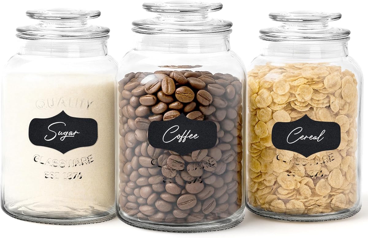 Juego de 3 botes de vidrio con tapas herméticas - Frascos de almacenamiento de vidrio para dulces, galletas, harina, azúcar, café - Almacenamiento de alimentos sellados para despensa - Contenedores transparentes para encimera de cocina