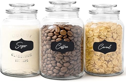 WHOLE HOUSEWARES Juego de 3 recipientes de vidrio con tapas herméticas, tarros de almacenamiento de vidrio para dulces, galletas, harina, azúcar,