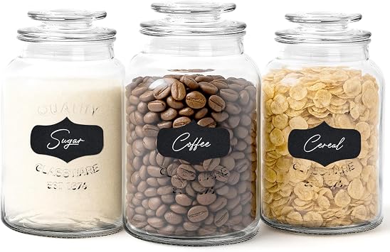 WHOLE HOUSEWARES Glass Canisters with Airtight Lids Set of 3 - Glass Storage Jars for Candy, Cookie, Flour, Sugar, Coffee - Sealed Food Storage for Pantry - Clear Containers for Kitchen Counter