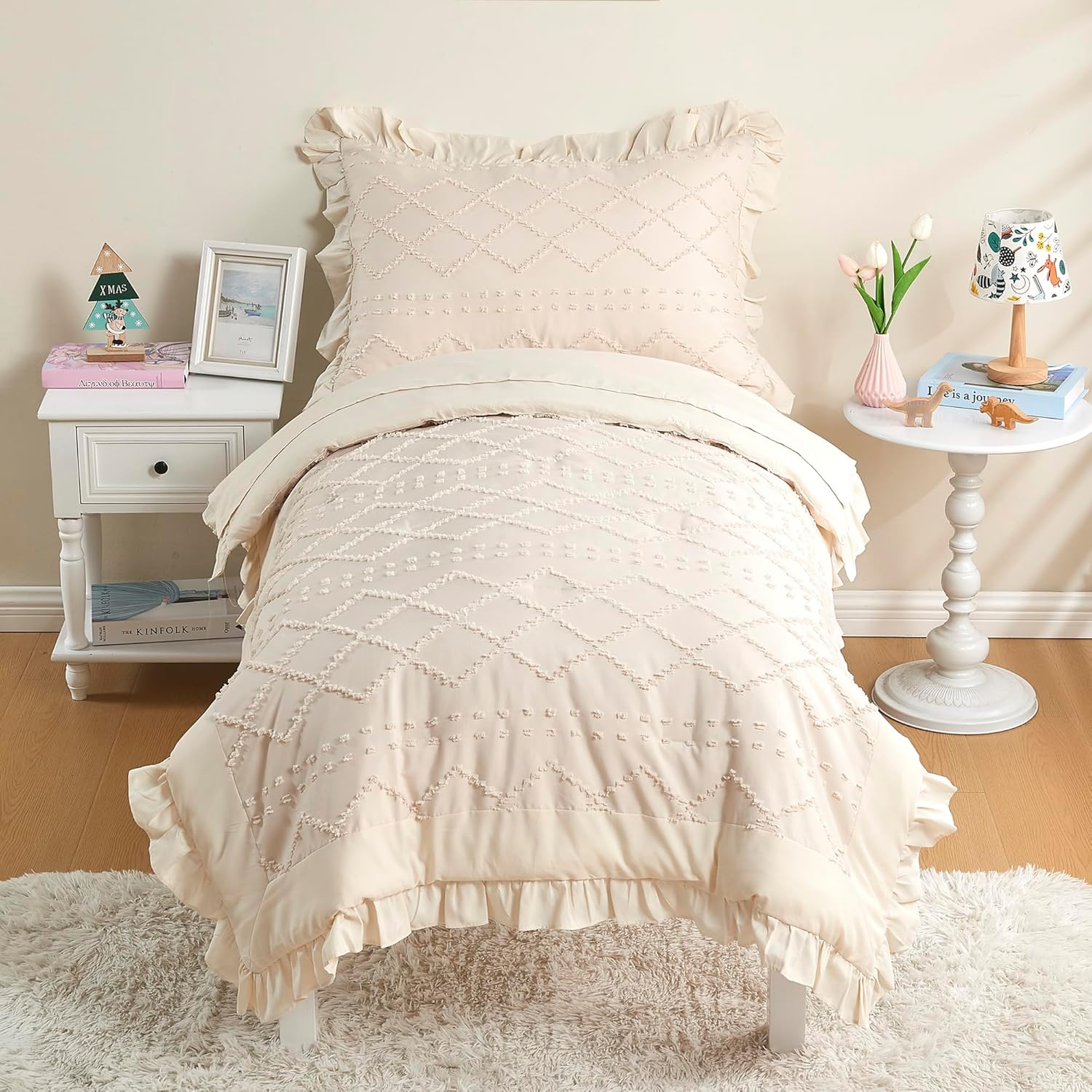 Toddler Bedding Set for Girls 4-Piece Beige Boho Tufted Toddler Comforter Set Jacquard Tufts Ruffle Fringe Bed-in-a-Bag Crib Toddler Bed Sheet Set with Comforter, Flat Sheet, Fitted Sheet, Pillowcase