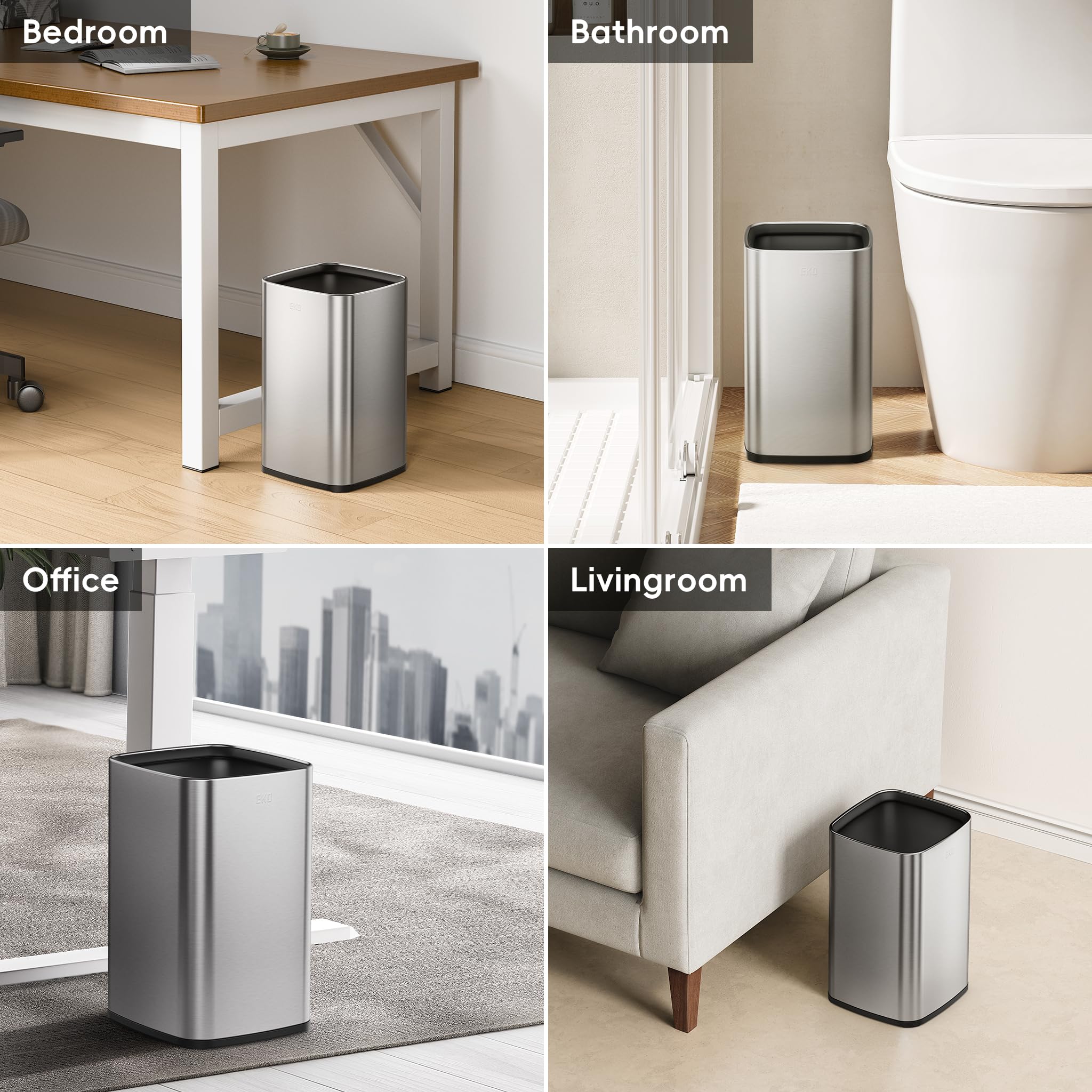 EKO Lot de 2 poubelles carrées sans couvercle avec panier intérieur amovible, petite poubelle carrée de 5 + 10 litres pour cuisine, salle de bains, bureau, maison (acier inoxydable)