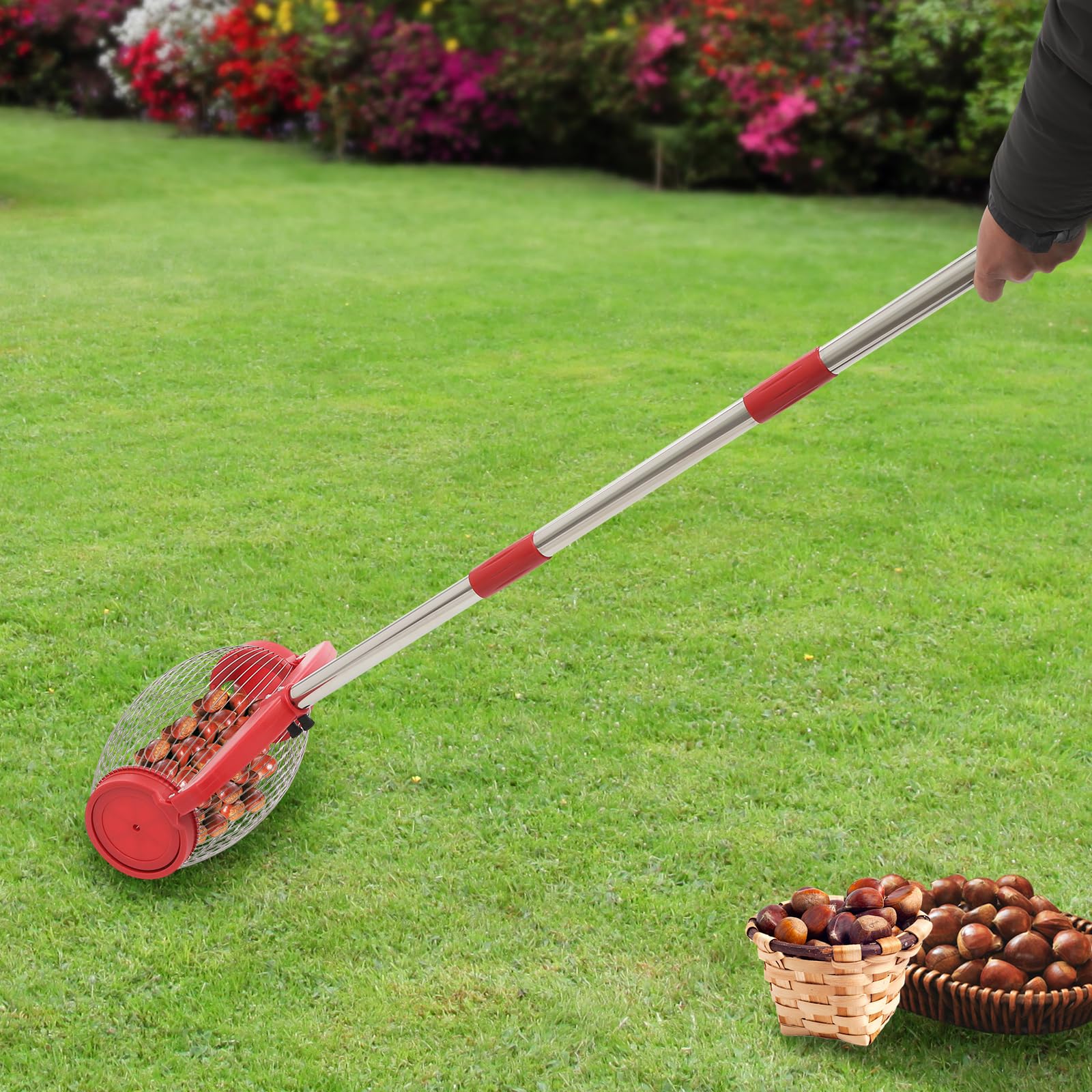 Colector de nueces de nogal con bolsa de almacenamiento, 15 l, recogedor efectivo para frutos secos, recogedor con mango telescópico para exteriores, pelotas de golf, pelotas de tenis