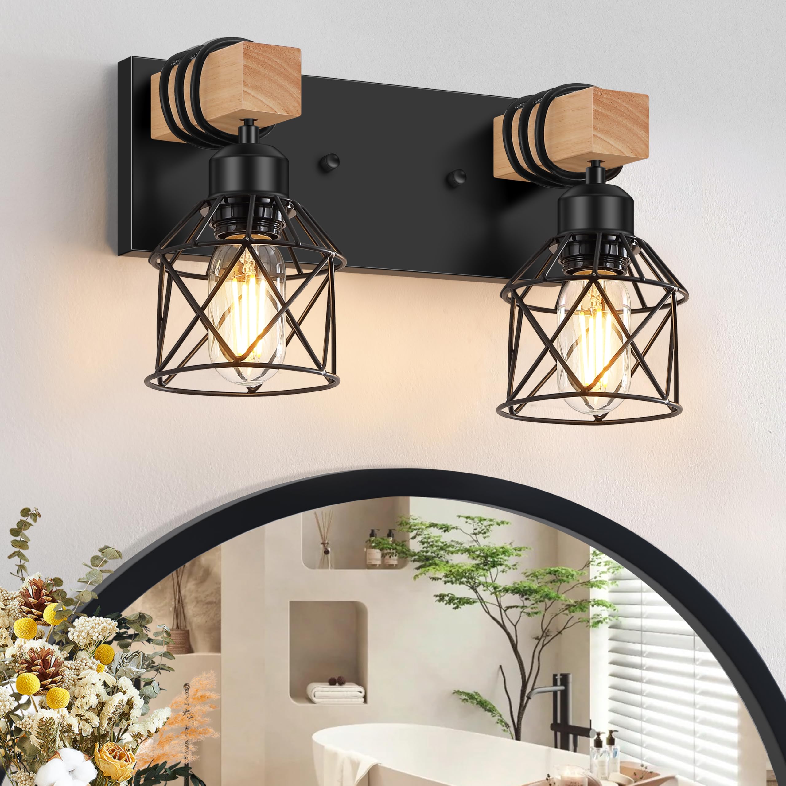 FadimiKoo Bad-Wickelzubehör mit 2 Lampen, Badezimmerbeleuchtung aus Holz auf Spiegel, rustikale schwarze Wandleuchten mit Metallanzeige für Wohnzimmer, Schlafzimmer, Flur