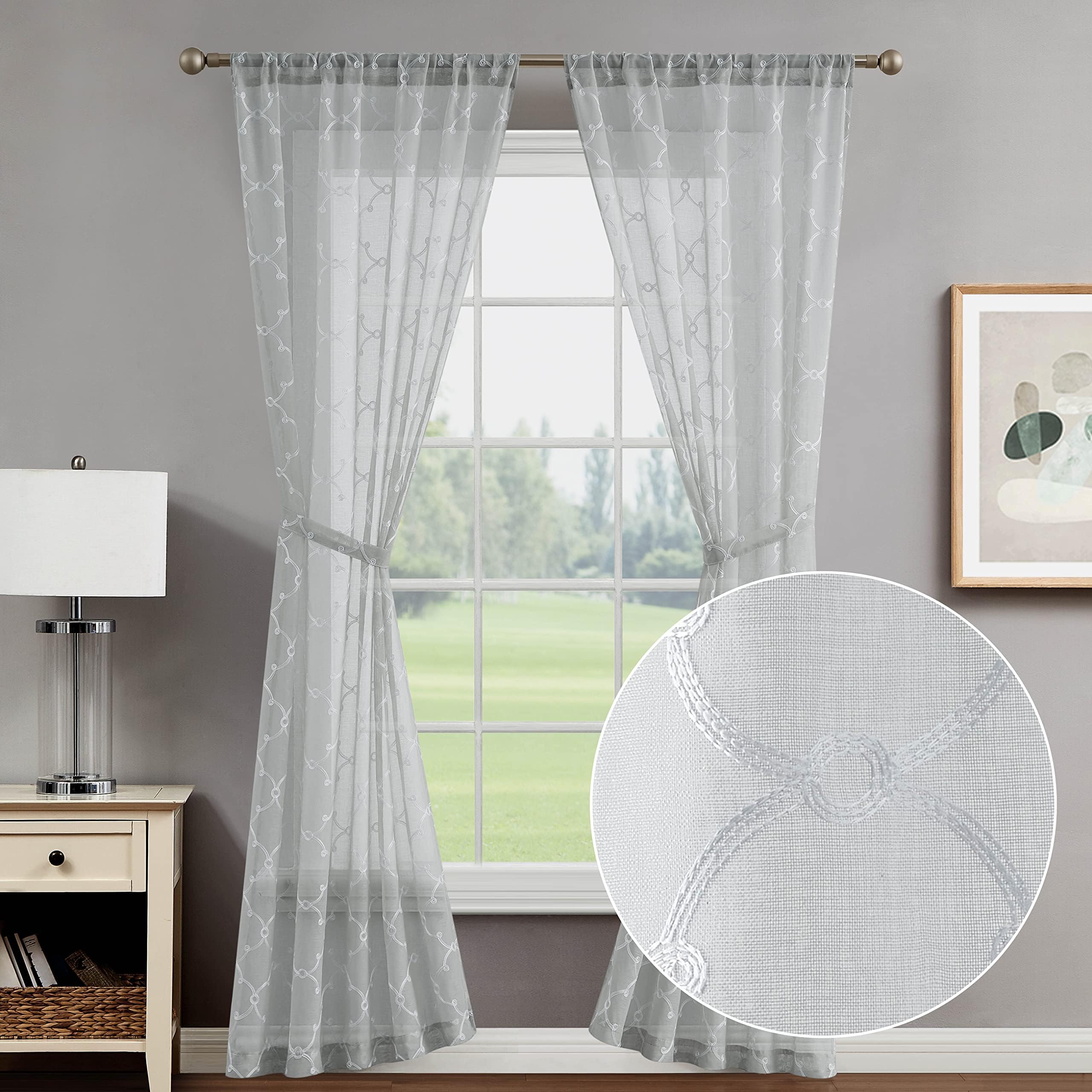 Creative Home Ideas Sheer Curtains (2 Panels, 38" x 96", Light Grey), Embroidered Geometric Curtain Panels with Tiebacks, Selena Rod Pocket Drapes, Window Curtains for Living Room, Bedroom