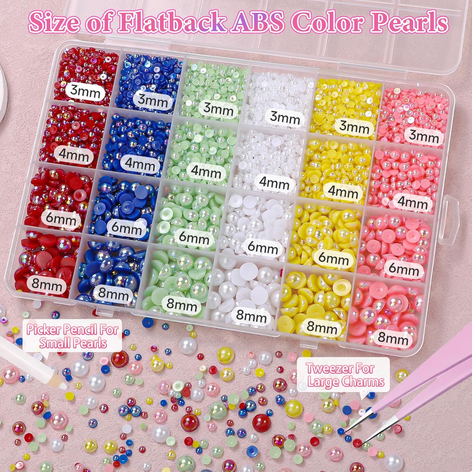 9000Pcs Flatback Pearls for Crafting, Red Blue Green Nail Half Pearls and Gems, 3-8mm Pink Yellow White Half Round ABS Flatback Pearl Beads Bedazzling for Nails DIY Shoes Clothes Bags - Image 2