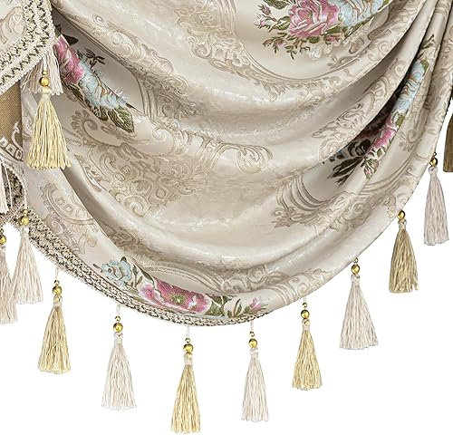 Miniatura 3 de Loom and Mill Cenefa de cascada de jacquard de lujo para sala de estar, dormitorio, cenefas de ventana de damasco floral con borlas, cortinas de