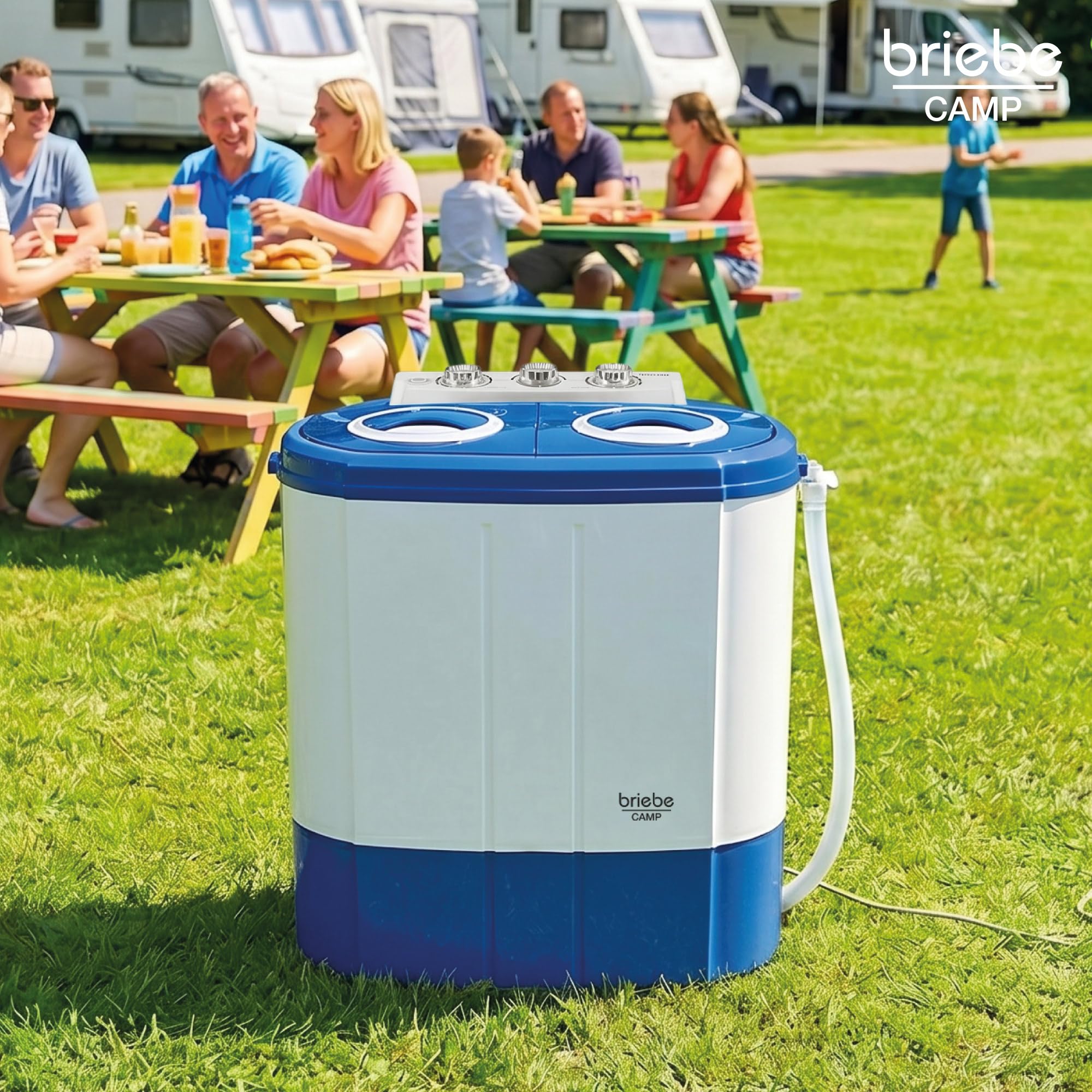briebe Camp - Mini Lavatrice Portatile con Centrifuga, Campeggio, Capacità 3 kg, Ideale per Viaggi, Roulotte, Camper, 2 Scomparti, Caricamento dall'alto, Nessuna installazione, Blu/Bianco