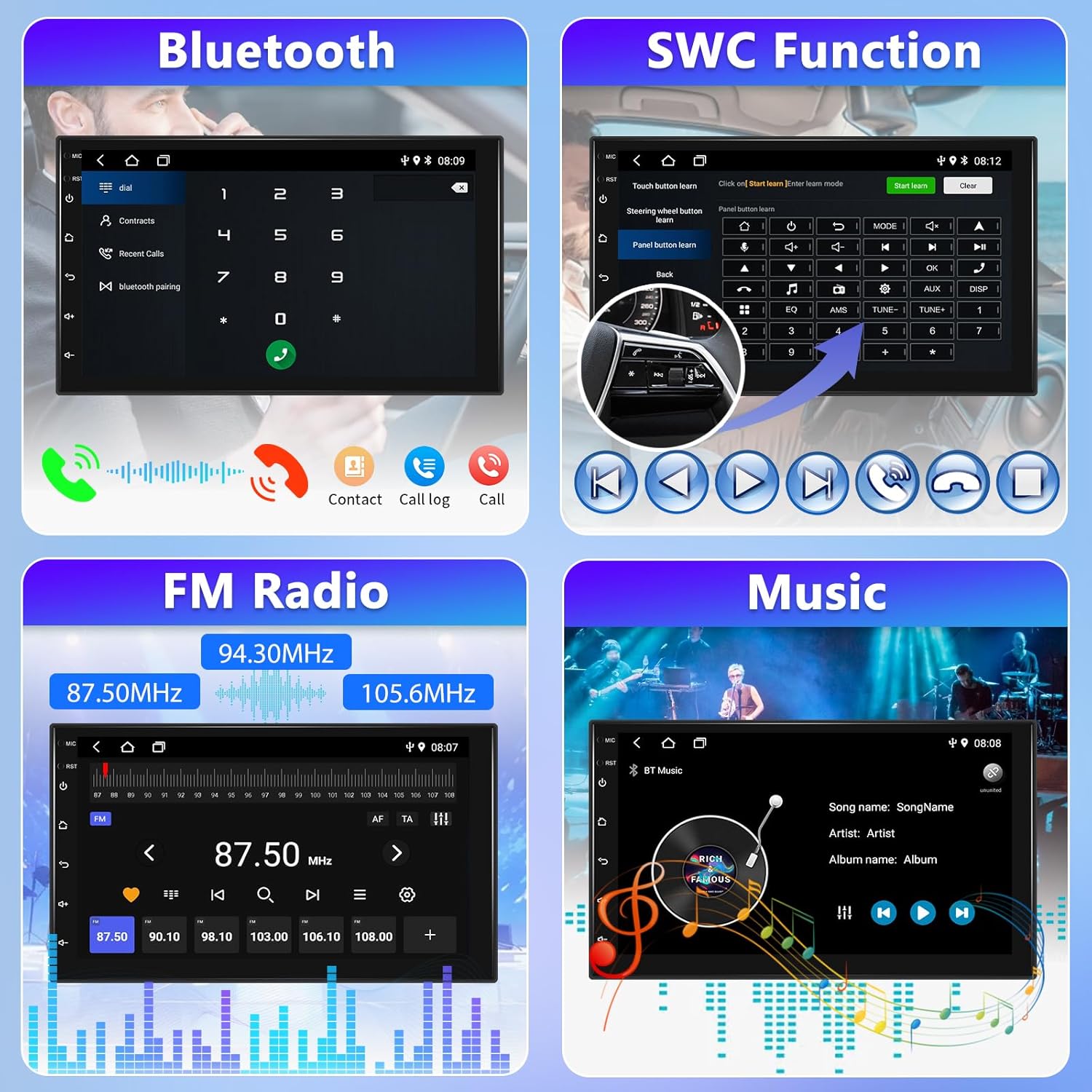 Podofo 2Din Car Stereo Bluetooth, SWC, FM Radio, Music Interface