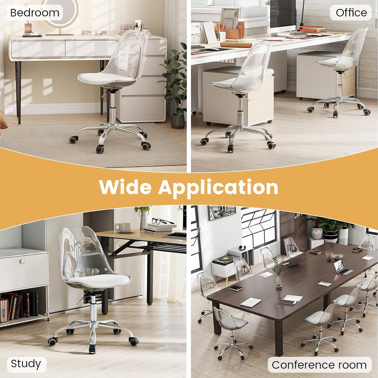 Giantex Acrylic Clear Desk Chair with PU Leather Cushion, Modern Small Home Office Chair with Wheels, Armless Swivel Rolling Vanity Chair for Office, Make up, Small Spaces Bedroom