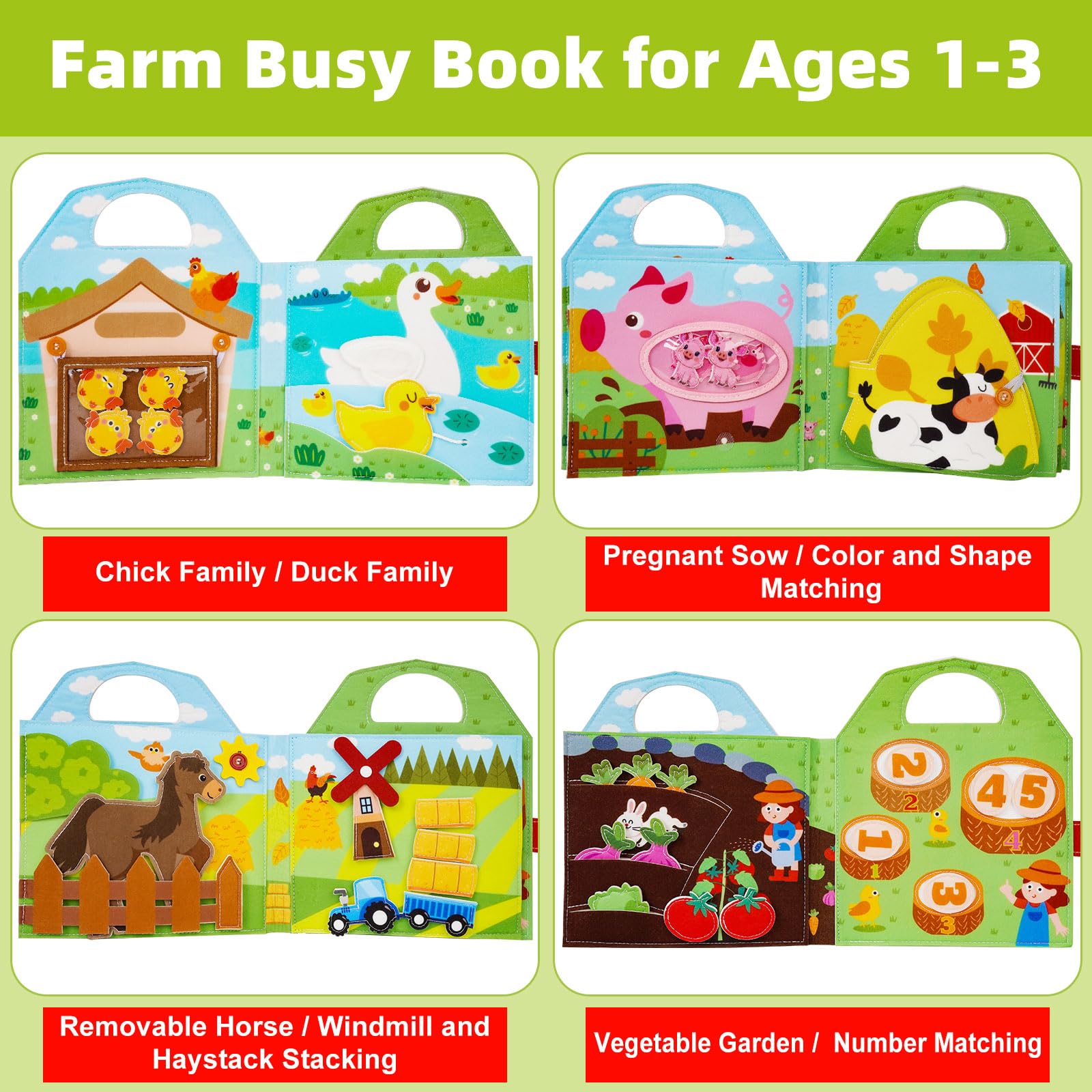 Gotyou Busy Board Montessori In Feltro A Tema Fattoria – Giocattolo Didattico 20-in-1 Per Bambini 1-6 Anni