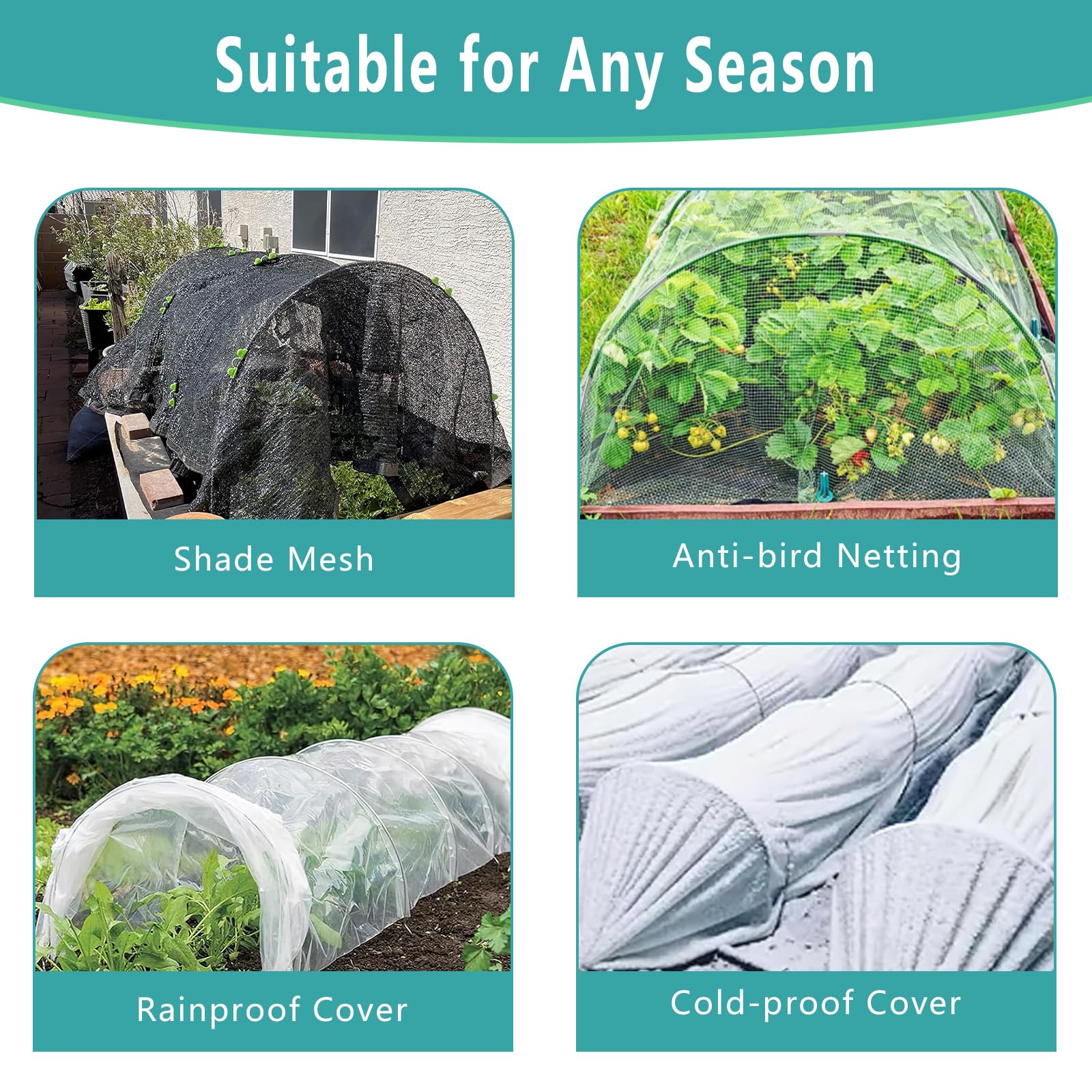 Aros de jardín para camas elevadas, 60 piezas, 10 juegos de aros de invernadero de 8 pies de largo, túnel de cultivo, fibra de vidrio sin óxido, marco para red de jardín, cubierta de hilera