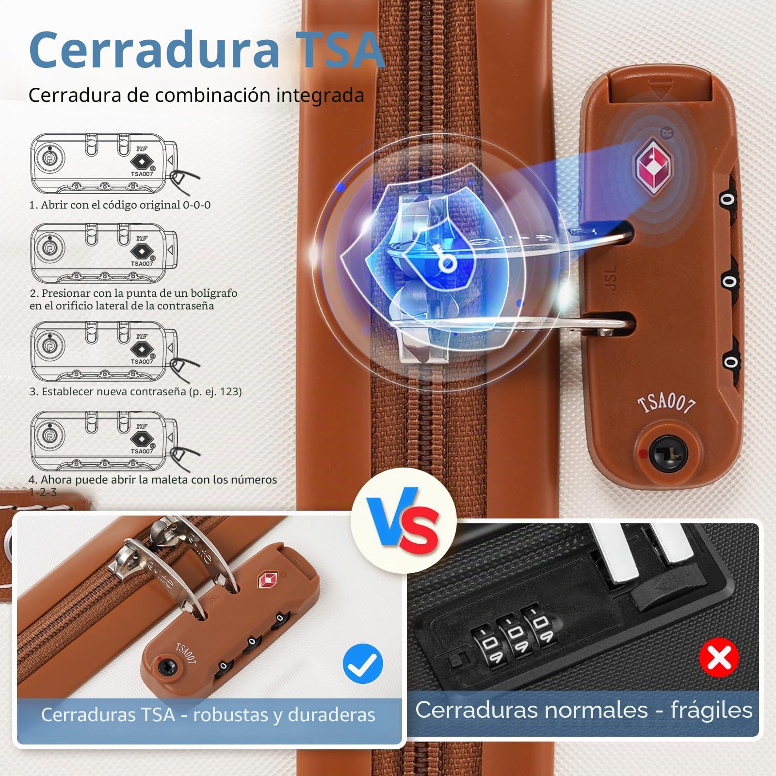 COOLIFE Maleta de cabina de 55 x 35 x 20 cm para Ryanair, equipaje de mano, maleta rígida con cerradura TSA y 4 ruedas gemelas, blanco y marrón., 55×35×20 -Set 2pzs