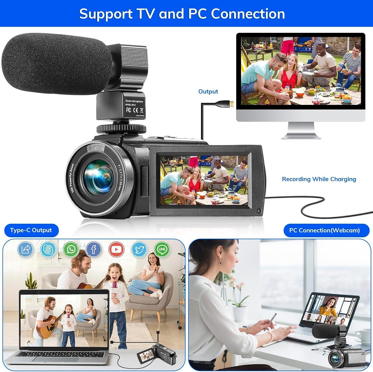 Videocamera FHD 1080P per YouTube con 30FPS 36MP 3.0 Pollici 270 Gradi Rotazione LCD, Zoom Digitale 16X Fotocamera Vlogging per Principianti con 2 Batterie Microfono, Telecomando, Stabilizzatore