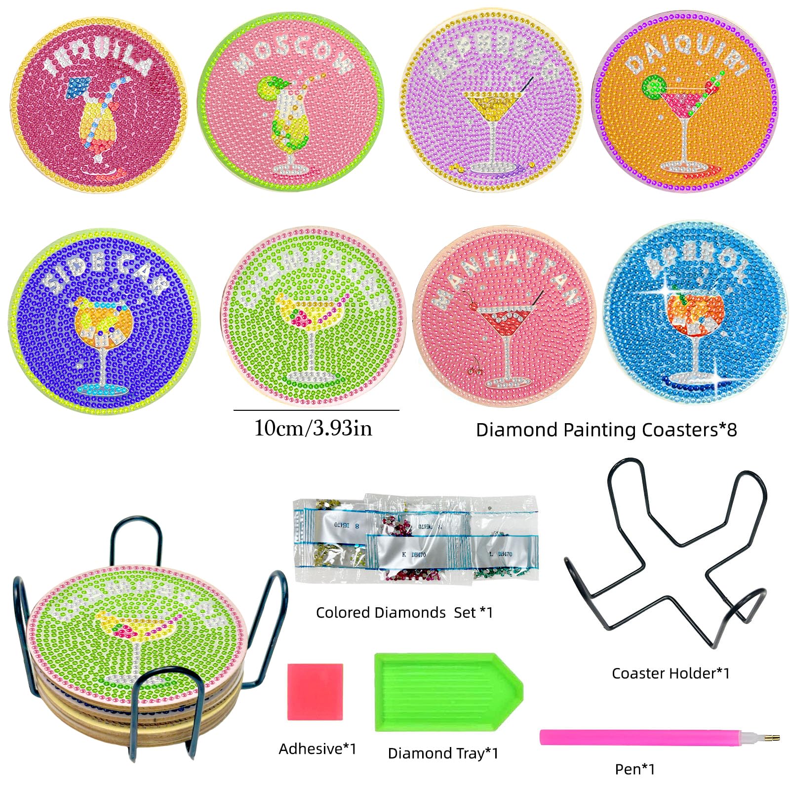 Sottobicchieri Diamond Painting, 8 Pezzi Kit di Sottobicchieri per Pittura con Diamanti per Adulti, DIY Cocktail Sottobicchier with Holder, Kit Artistico con Diamanti