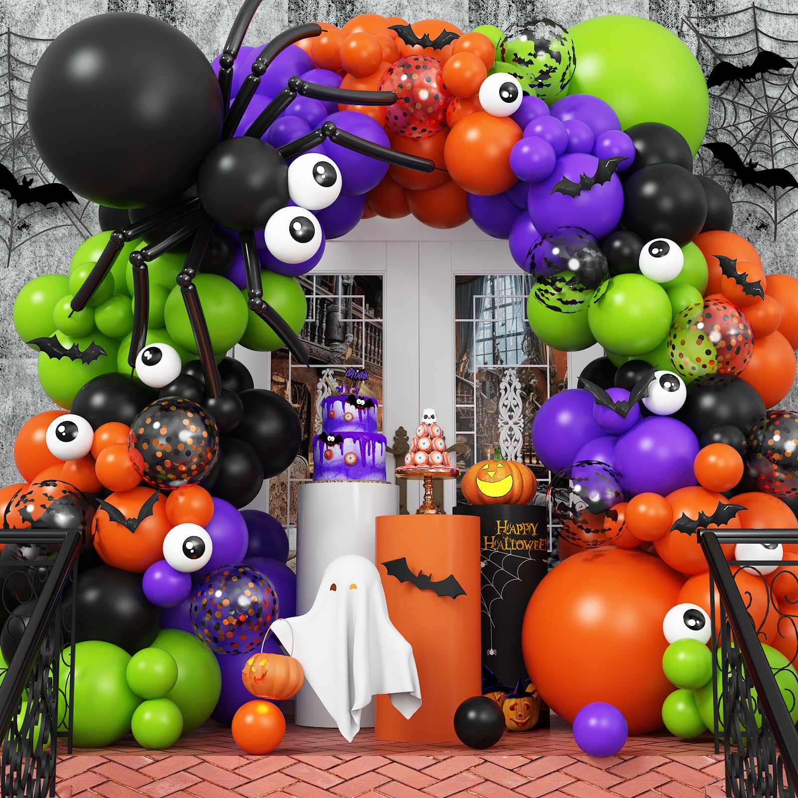 Halloween Balloons Arch Kit, Halloween Balloon Garland Party Decorations, Green Orange Purple Black and Confetti Bat Balloons, Eyeball Print Spider Balloon 3D Sticker for Indoor Outdoor Decoration