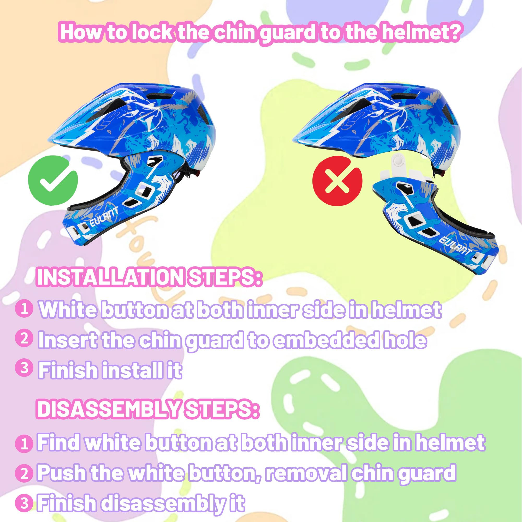 EULANT Kask rowerowy z ochroną podbródka dla młodzieży, dzieci, kask pełnotwarzowy, kask BMX, kask do downhillu, kask integralny, z jednym przyciskiem, ochrona podbródka i regulacja z tyłu