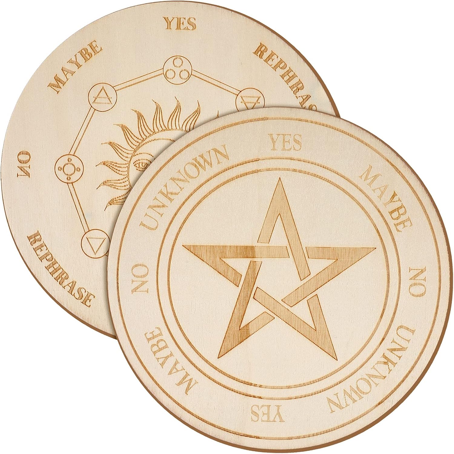 Jetec 2 Pieces Wooden Pendulum Board with Stars Sun and Moon for Divination, Dowsing Divination Metaphysical Message Board Wooden Carven Board Altar Decoration for Witch and Wiccan (Natural Wood)