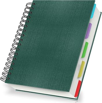 Notebook A5 Lined with Dividers - 120 Sheets Spiral Notebook Lined 7 mm 21 x 14 cm - 100 GSM Lined Paper Pad Notepad A5 Spiral Bound Hardcover for School Dark Green