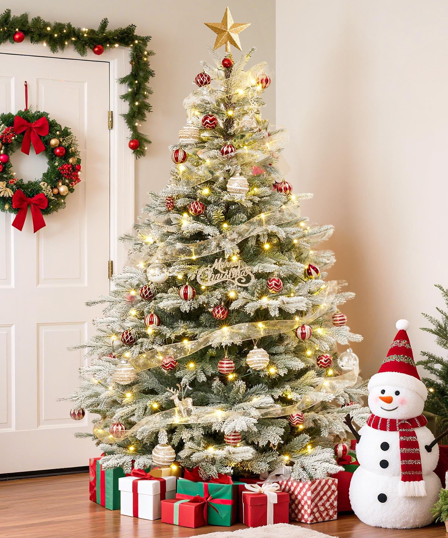 Yorbay Sapin de Noël Artificiel avec Flocons de Neige 180 cm, Sapin de Noël Artificiel en PE et PVC avec Support en Fer, pour décoration de Noël, Convient comme décoration pour la Maison