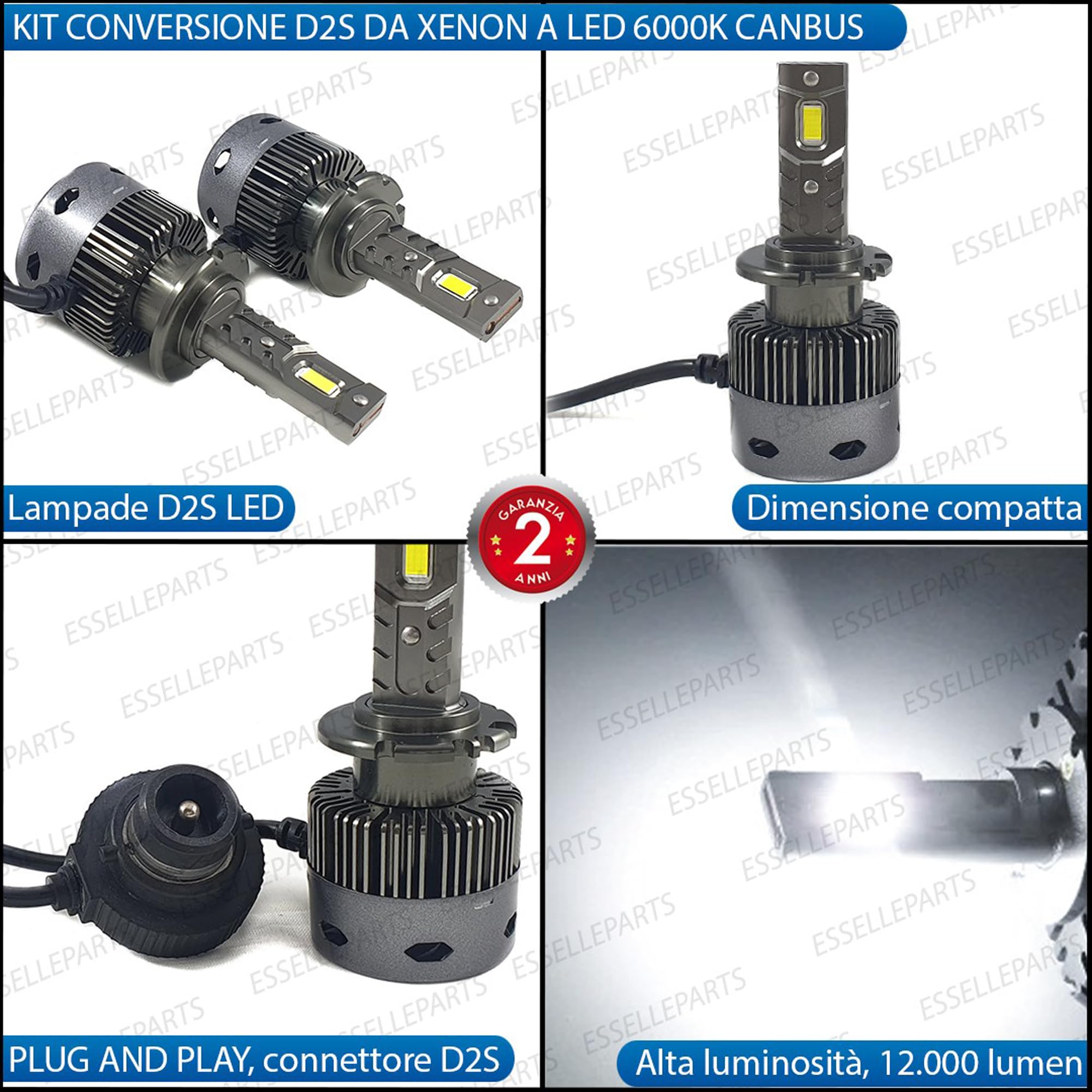 Coppia Lampade D2S LED 12000 Lumen 6000K specifiche per Bmw Serie 5 E39 Fino al 08-2000 – Conversione da Xenon a LED Plug & Play Canbus – Luce Bianco Ghiaccio Ultra Potente – 35W CSP Alta Luminosità
