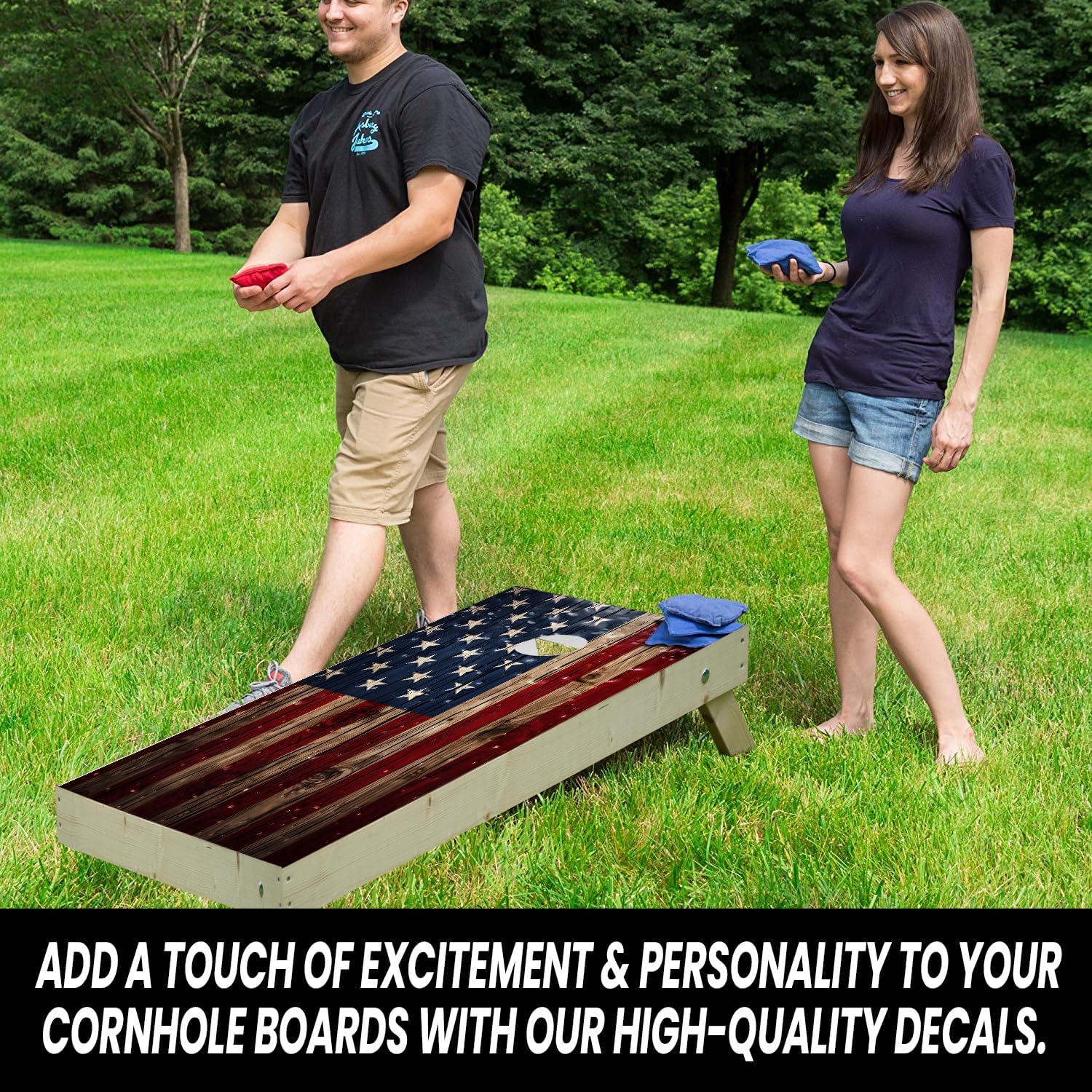 Gotsafety Patriotic American Flag Cornhole Decal, Cornhole Board Vinyl Wraps Only - Durable and Easy to Apply & Adhesive - UV Printing, Set of Two - Cornhole Skins for Boards (48” x 24”) - Pitted