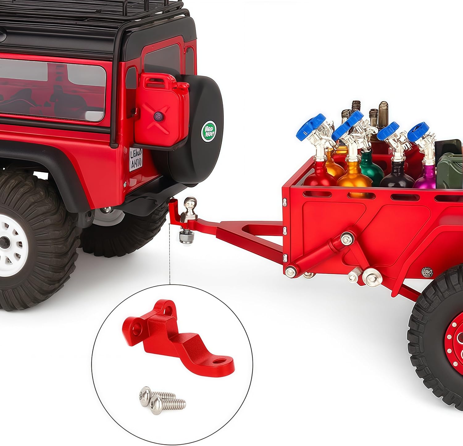 AMK Aluminum 1/18 1/24 RC Trailer, CNC Machined RC Utility Trailer with Ball Head Hitch, 1/18 1/24 Scale RC Crawler Trailer for TRX4M SCX24 Redcat Ascent-18 with Wheels & Suspension (Red)