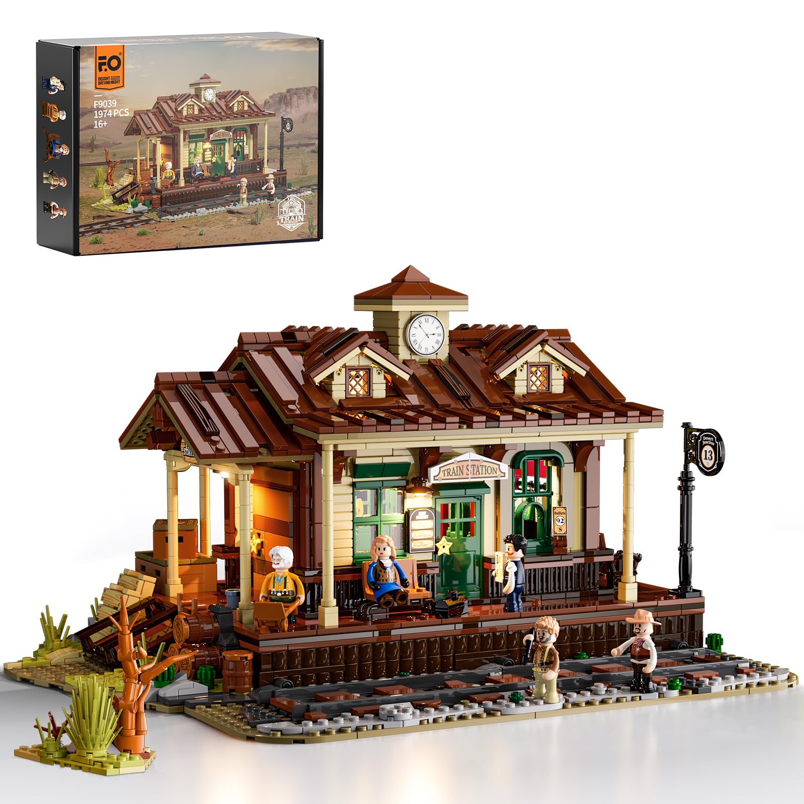FUNWHOLE Western Train Station Building Set with LED Lights, 1974 PCS Old West Brick Model with 5 Mini Figures, Modular Railroad Station Toy for Adults and Teens, Compatible with Western Series