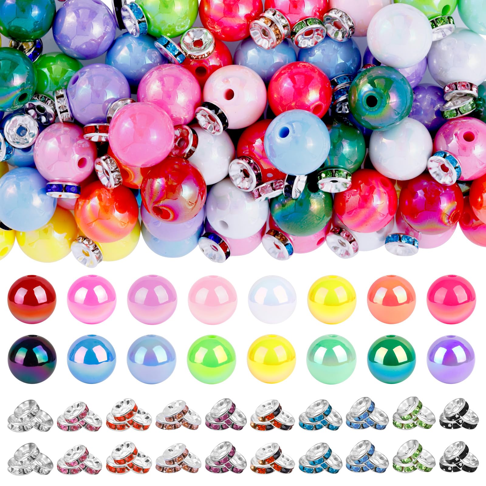 320 Pcs Beads for Pens Making, 8mm Rhinestone Rondelle Spacer Beads, 14mm Rainbow Acrylic Focal Beads, Bubblegum Bead for Jewelry Bracelet Necklace Pen Making