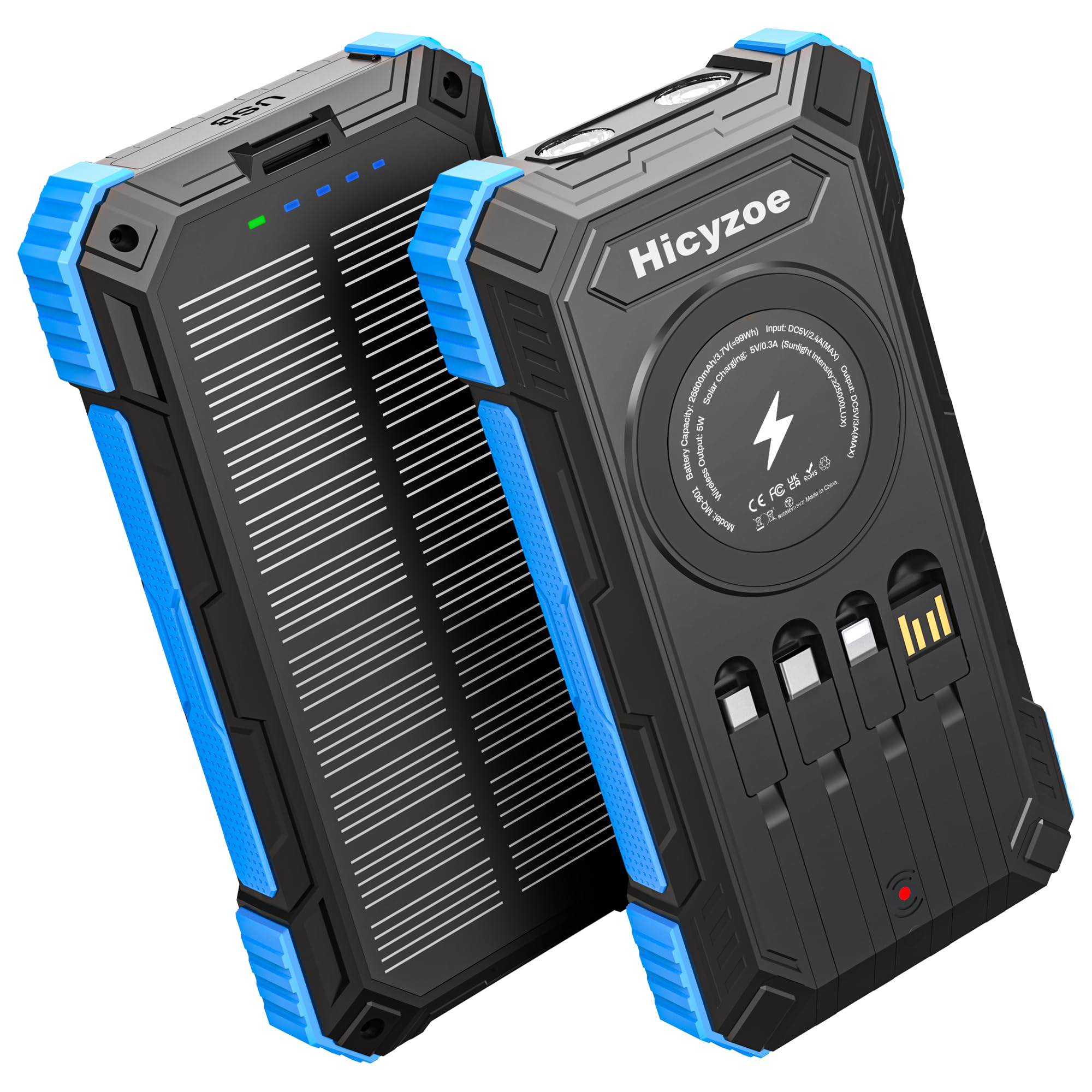 Solar Powerbank, 26800 mAh Tragbares Ladegerät mit 4 Integrierten Kabeln, Solar-Akkuladegerät mit USB-C Schnellladung, Qi-Wireless-Charging mit LED-Taschenlampen für Handys, Tablets und Camping