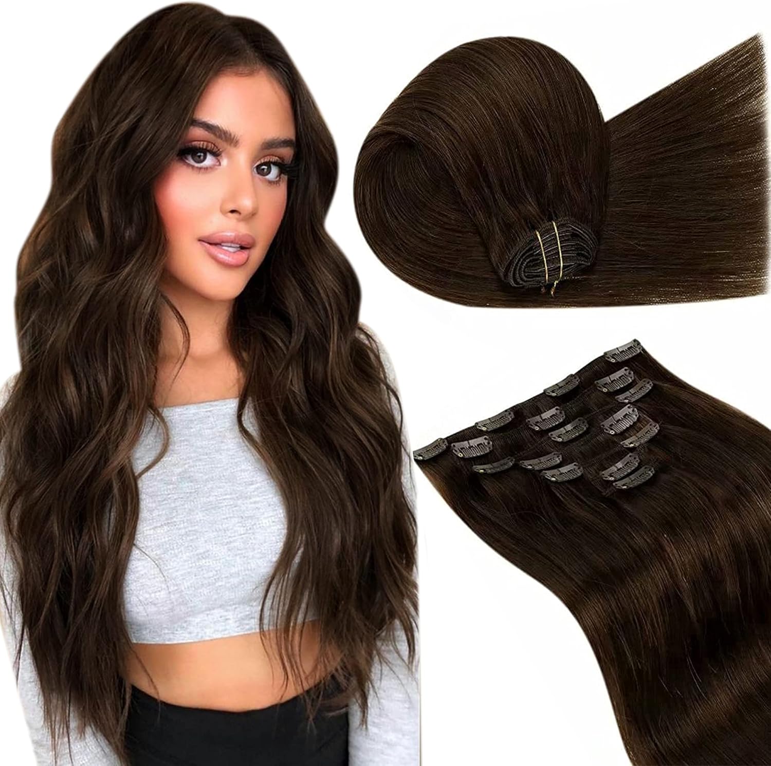 LaaVoo Clip Extension Cheveux Brun 7pcs/100g 14pouce Extension a Clip