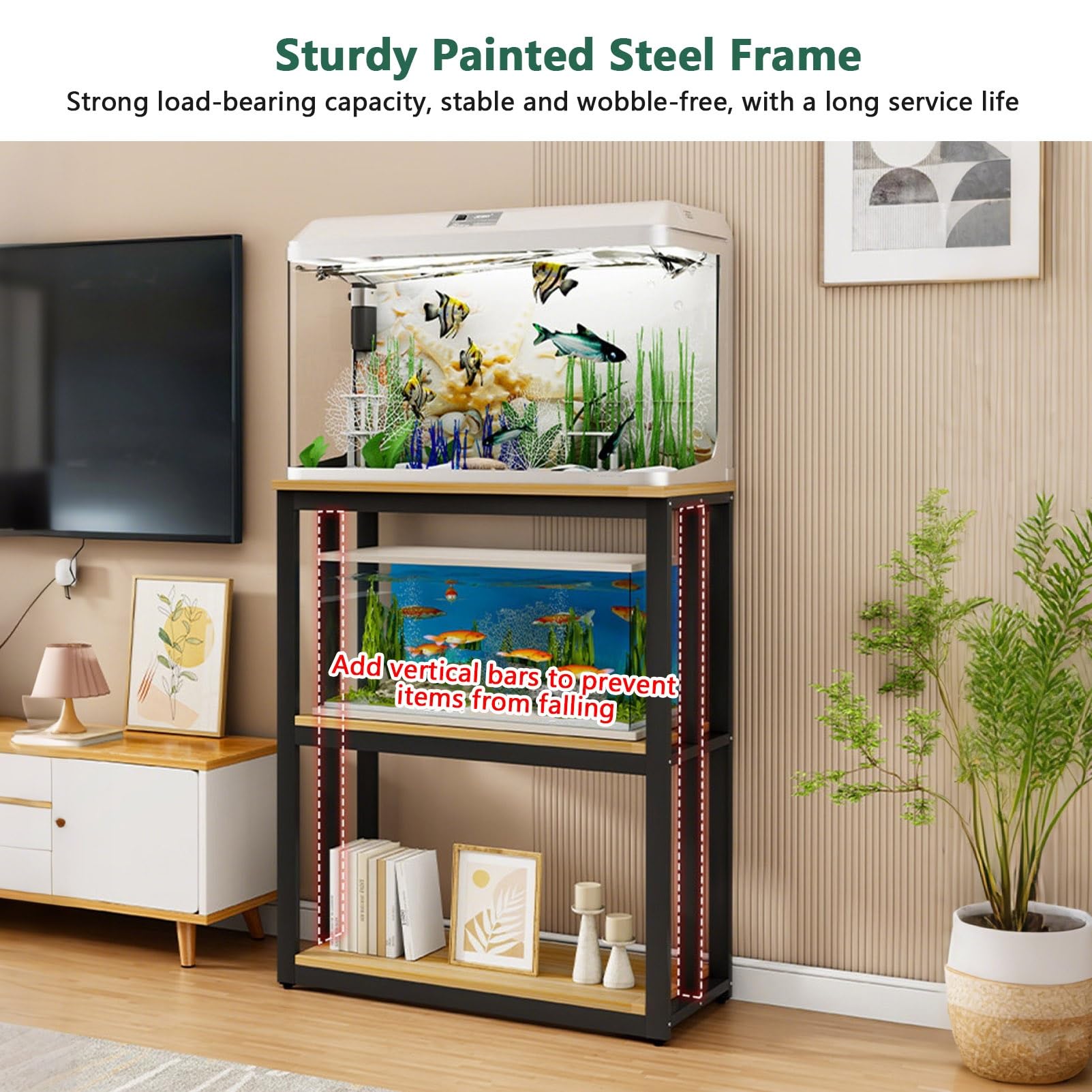 3-poziomowa Podstawka Pod Akwarium Z Półkami Wytrzymała Podstawka Pod Akwarium Z Regulowanymi Nóżkami, Stojak Na Terrarium Dla Gadów I Żółwi Do Domowego Biura(Wood+White Frame,61x40x120cm)