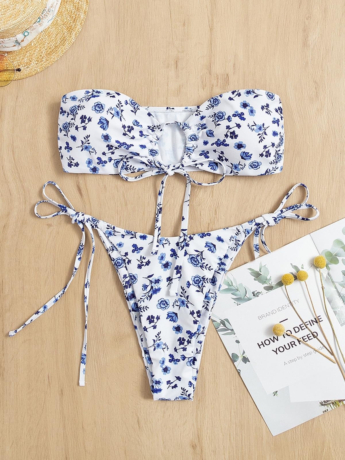 Bikini Donna Donne Floral Bandeau Set Stampato Due Pezzi Costume da Bagno Cravatta Lato Beachwear-Printed-l