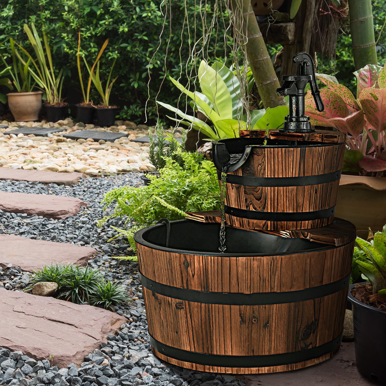 SOARS Fontana da giardino a 2 livelli, con pompa dell'acqua e flusso d'acqua regolabile, fontana d'acqua di design in legno, fontana da esterno, decorazione da giardino per balcone, terrazza (marrone)