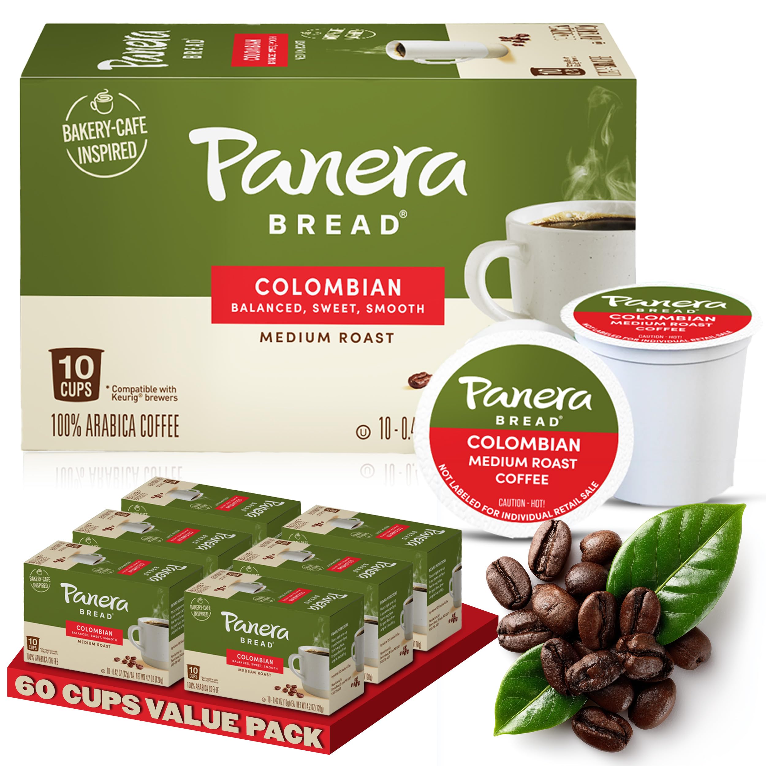 Panera Bread Colombian Coffee Cups, 100% Arabica Medium Roast, Smooth & Balanced with Brown Sugar Notes, No Artificial Ingredients, 60 Single Serve Pods (6 Packs of 10)