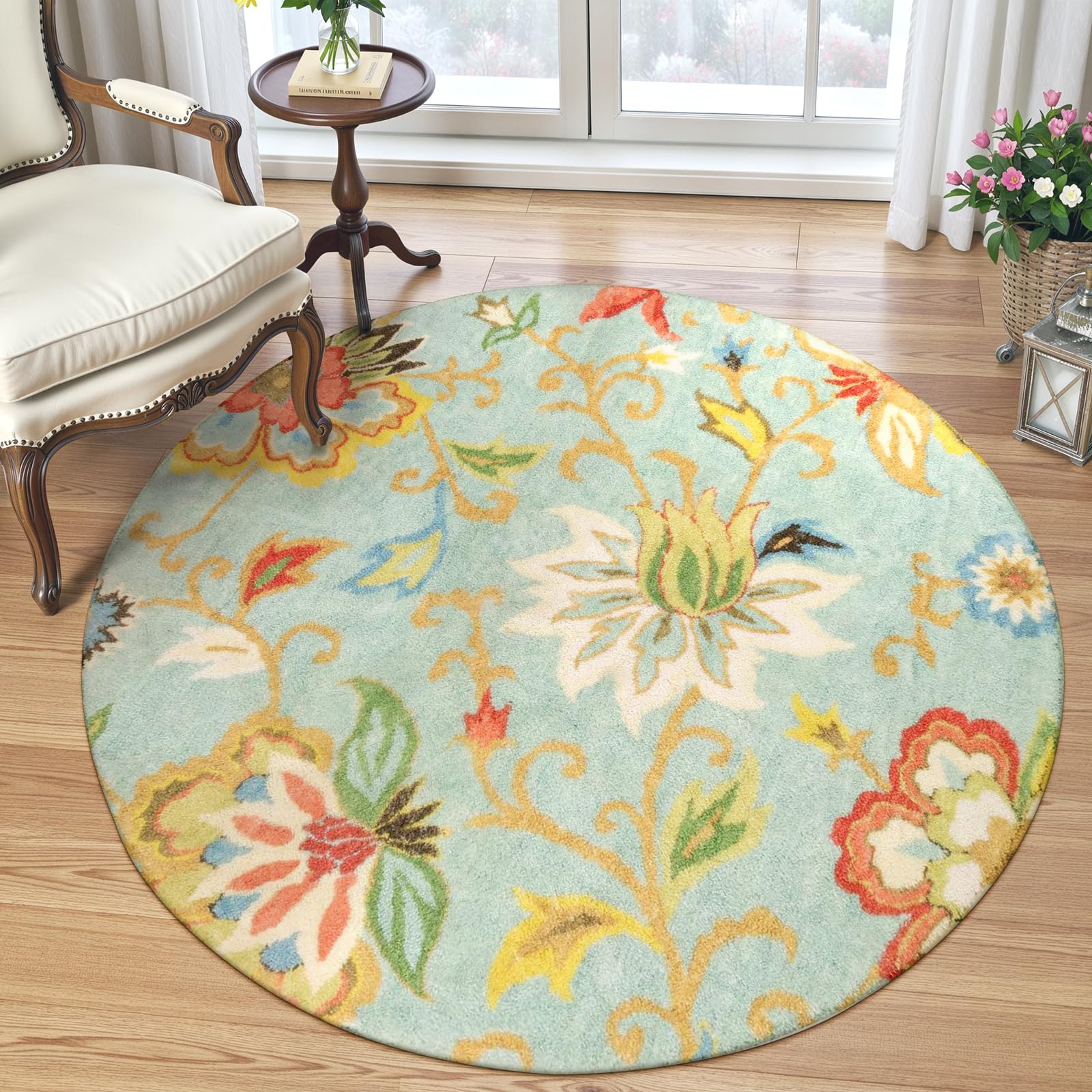 Lahome Collection Modern Floral Round Rug - 3' Diameter Non-Slip Distressed Area Rug Small Accent Throw Rugs Floor Carpet for Door Mat Entryway