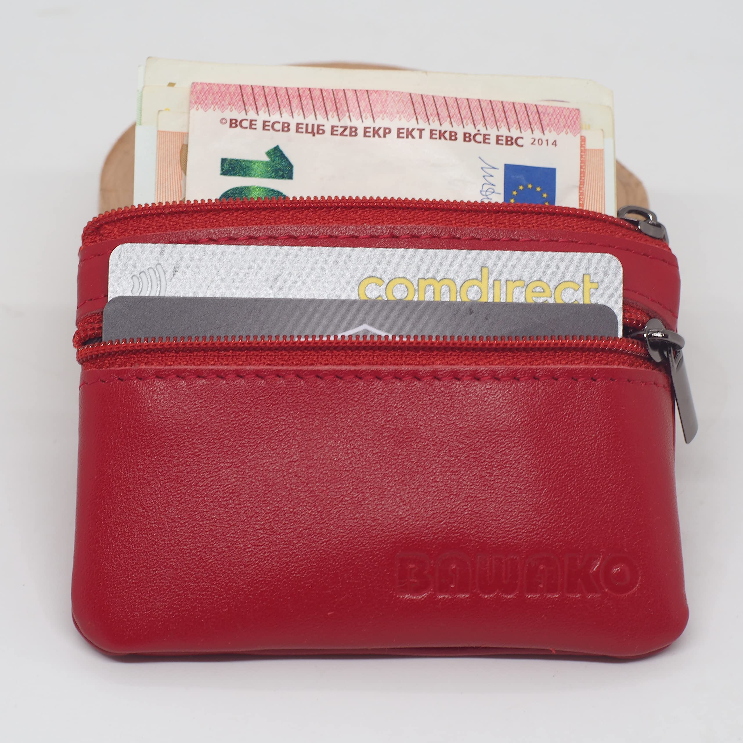 Bawako - Portamonete in vera pelle, portafoglio portamonete piccolo, con 2 scomparti, cerniera e portachiavi, per uomo e donna, Colore: rosso, 10 cm * 7 cm, Classico