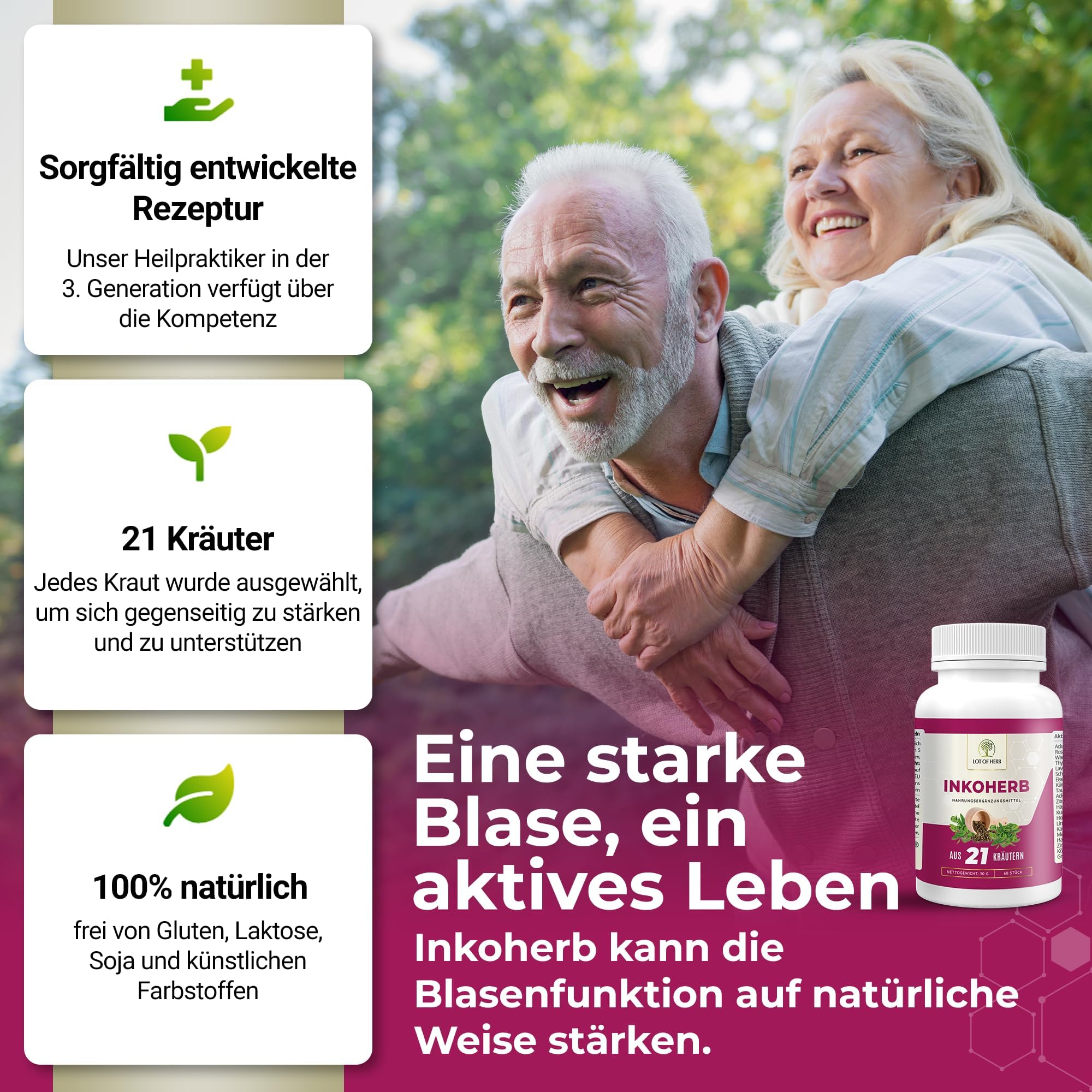 Inkoherb aus 21 Kräuter zur natürlichen Stärkung der Blasenfunktion - Kann bei Inkontinenz Blasenschwäche Harndrang unterstützen - Nahrungsergänzungsmittel für Frauen und Männer - 60Stk