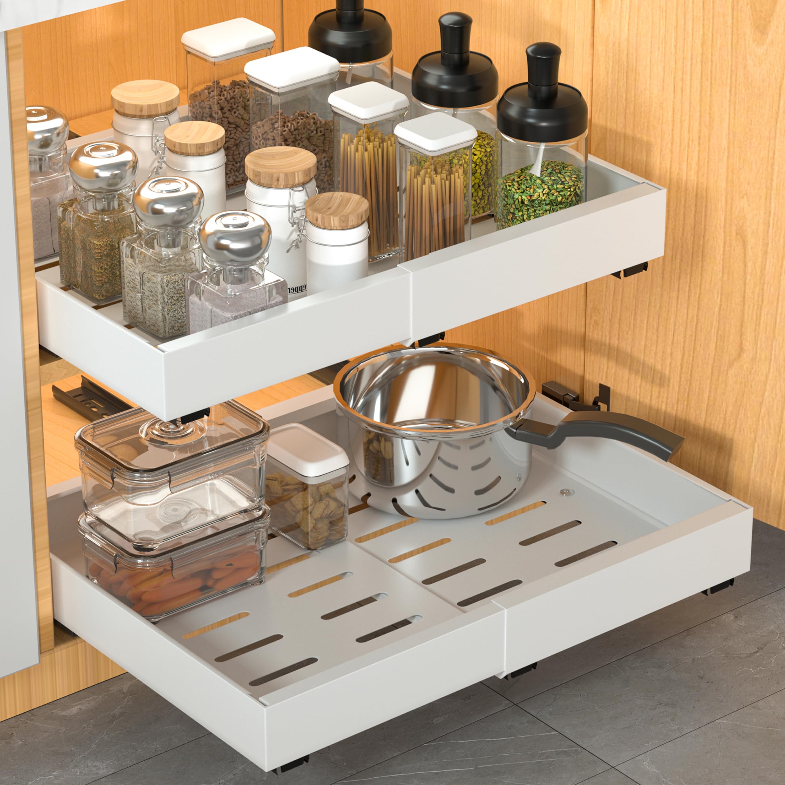 2 Pack Pull Out Cabinet Organizer 21 inch Deep,Expandable Pull out Drawers for Cabinets Adhesive with Film, No Drill Slide Out Drawers for Kitchen Cabinets