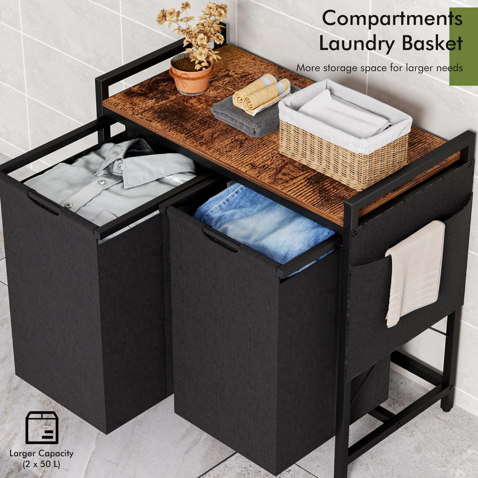 ACAZA - Panier à Linge Avec 3 Compartiments - Avec Sacs Amovibles D'une Capacité De 38L - Marron Et Noir