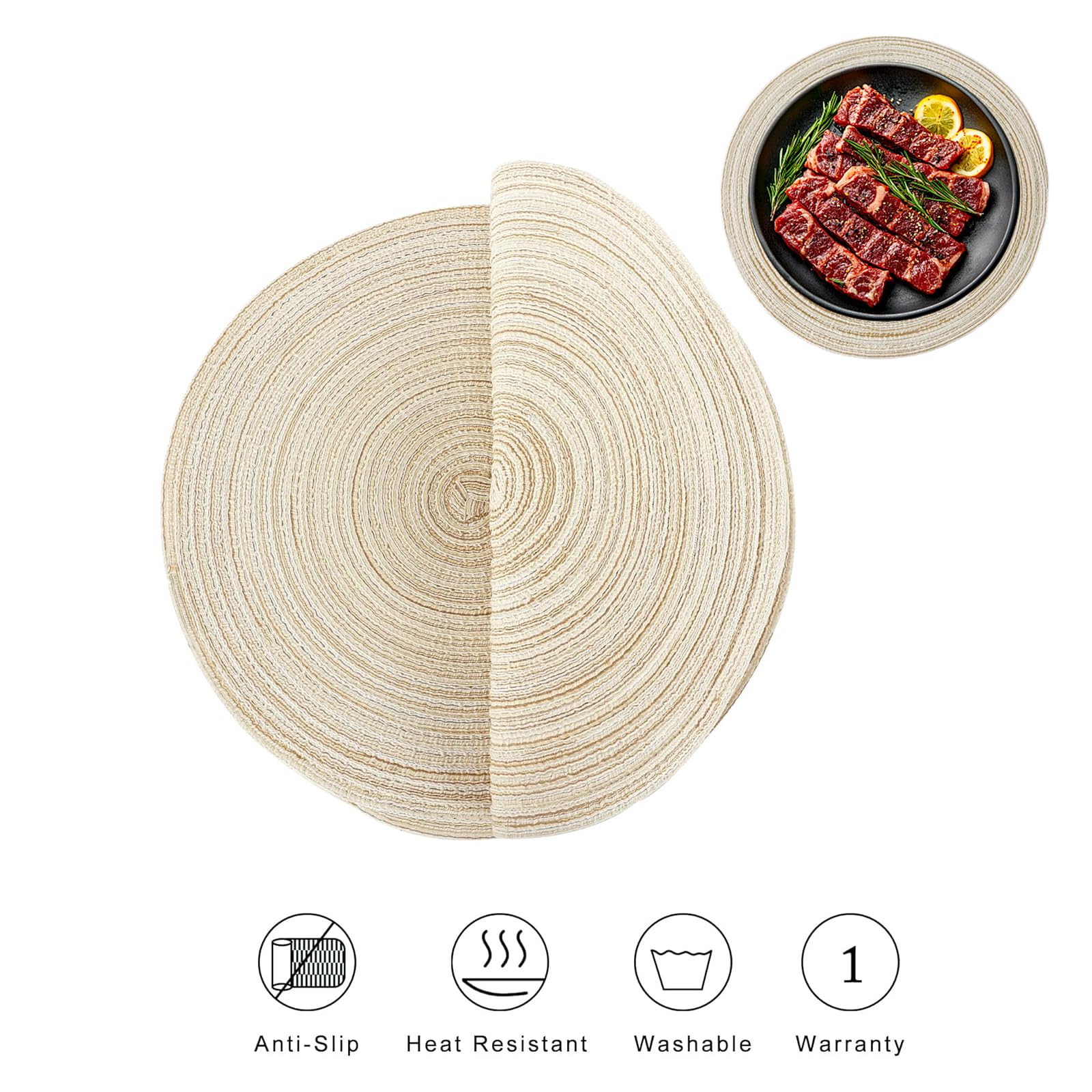 Juego de 8 Manteles Individuales Redondos Lavables 38 cm Trenzado, Antideslizante Salvamanteles Mantel Individual Redondo Beige, Place Mats for Dining Table, para la Mesa de Cocinaa，Lavables Trenzados — view 6