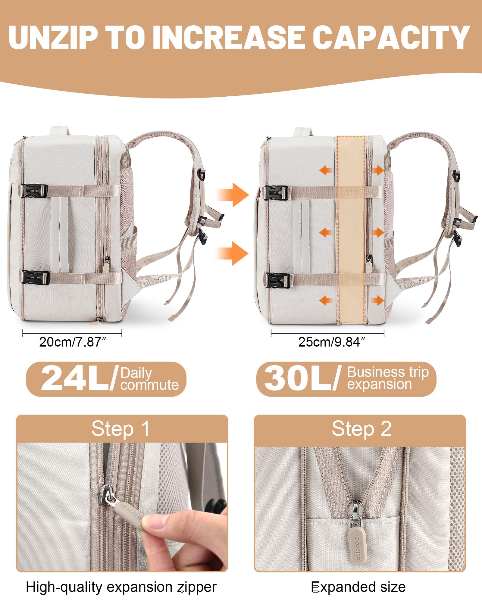 Mochila Viaje Cabina Avion 40x30x20, Maletas de Viaje Cabina para Vueling Impermeable Mochila Equipaje de Mano, 30L Mochila Hombre Mujer Travel Backpack Mochila Portatil(Beige Crema)