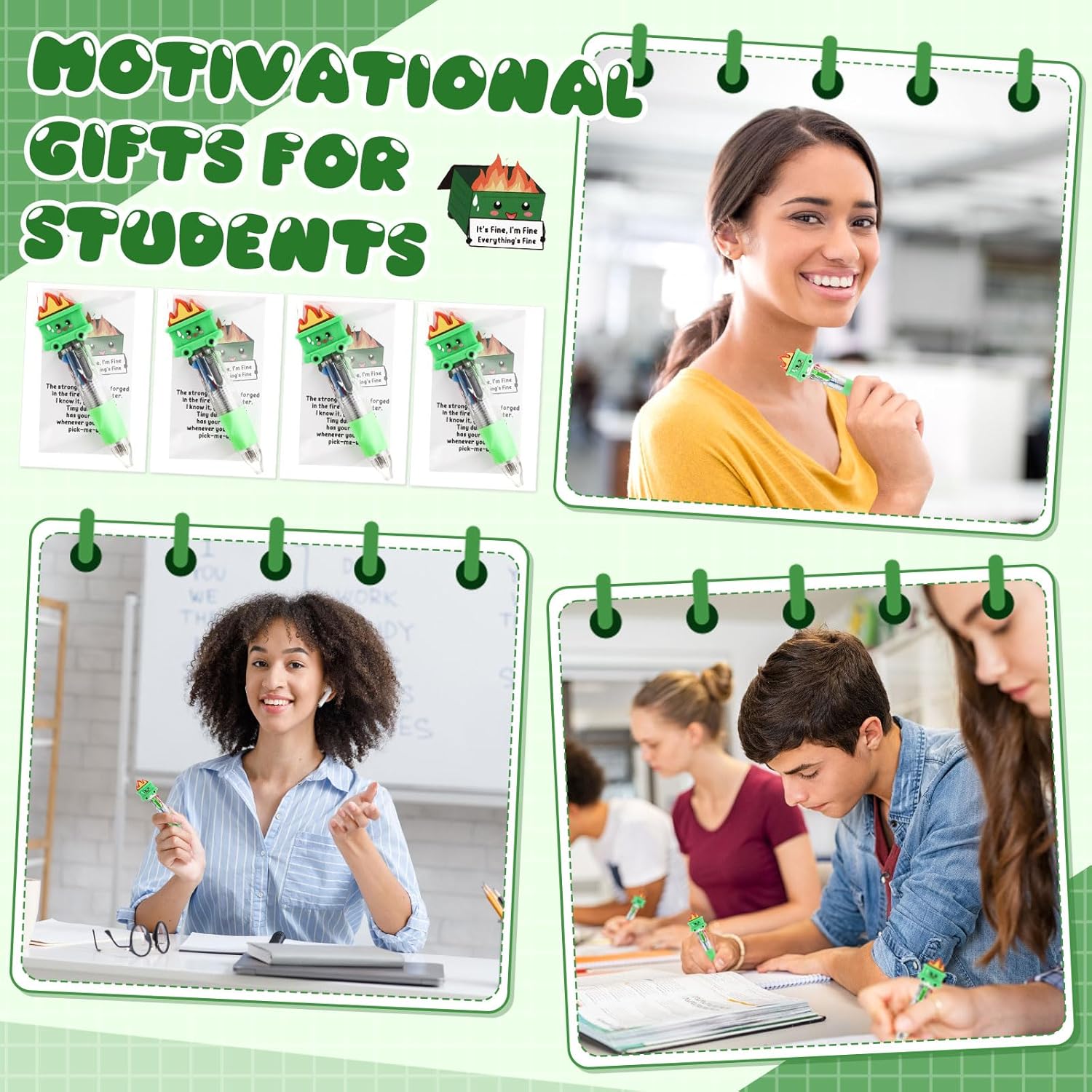 50 Sets Valentine Dumpster Fire Pens Gifts Bulk, Funny Dumpster 4-in-1 Multicolor Ballpoint Pen Desk Accessories with Positive Cards for Employee Coworker Teacher Office Party Supplies - Image 6