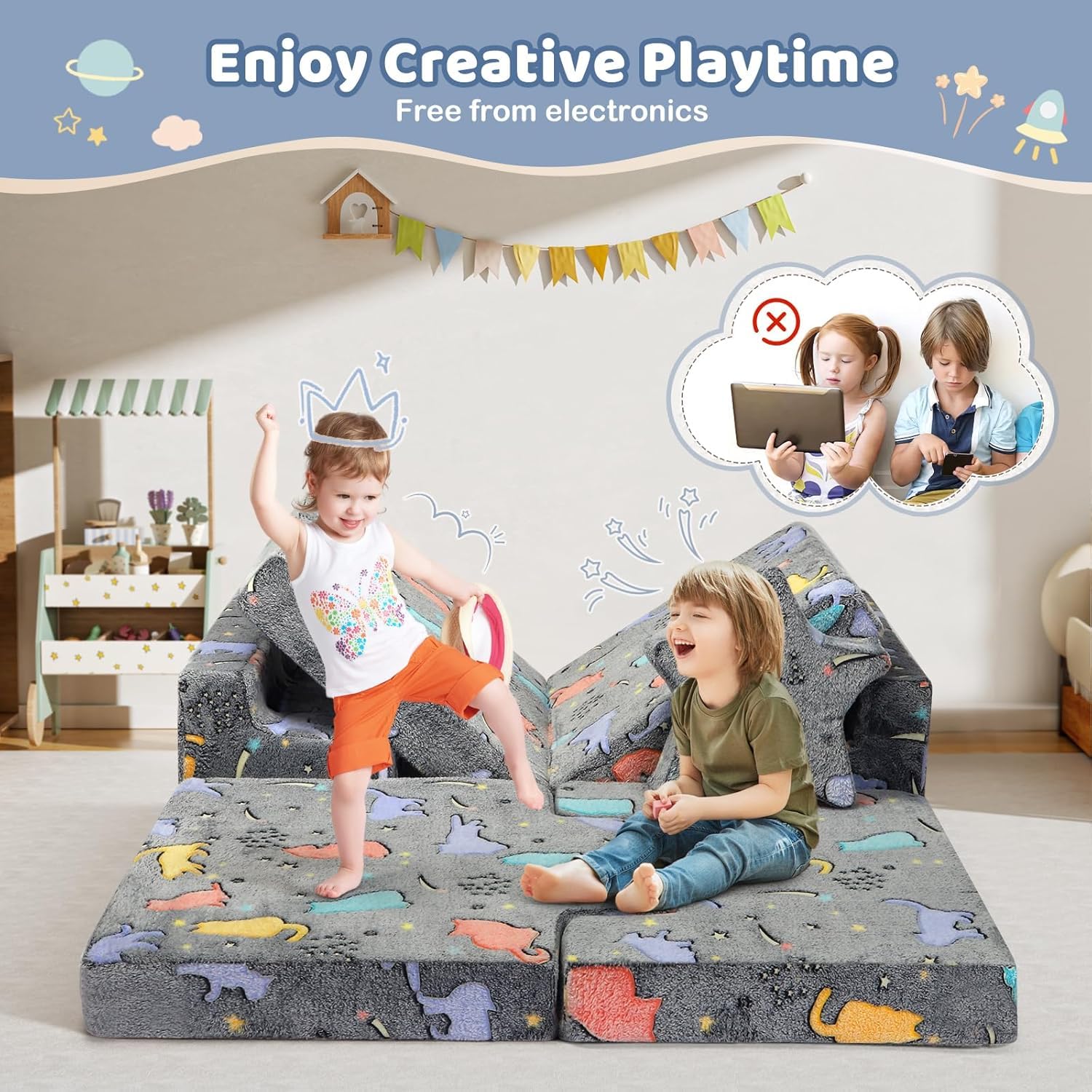 Divano gioco modulare in schiuma per bambini, composto da 10 pezzi, conforme alle Con effetto luminoso (Divano per bambini - Set da 9 pezzi - Colore luminoso)