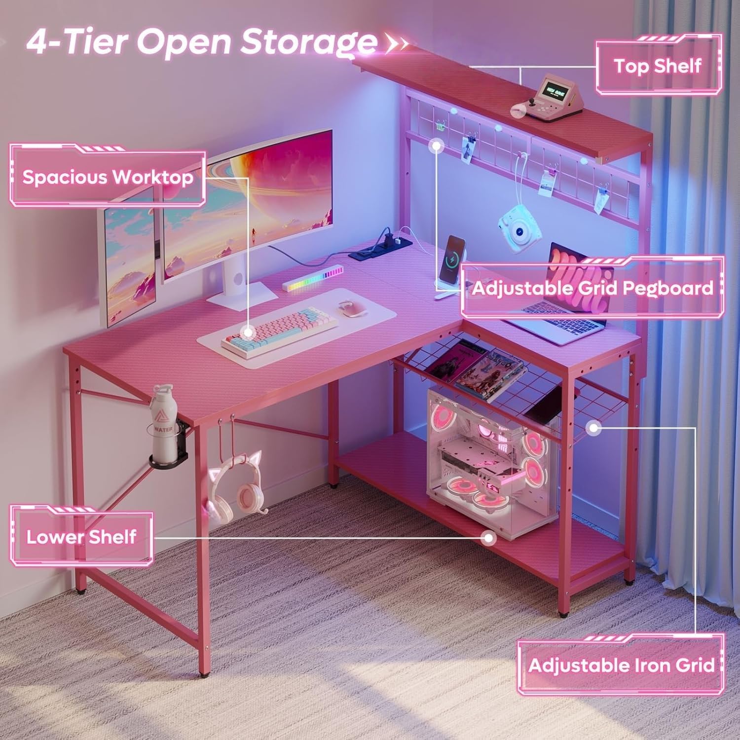 Bestier 42 L Gaming Desk,Computer Desk with Power Outlets, LED Lights, Reversible Corner Desk with 4-Tier Shelves,Cup Holder & Hook Carbon Fiber Pink