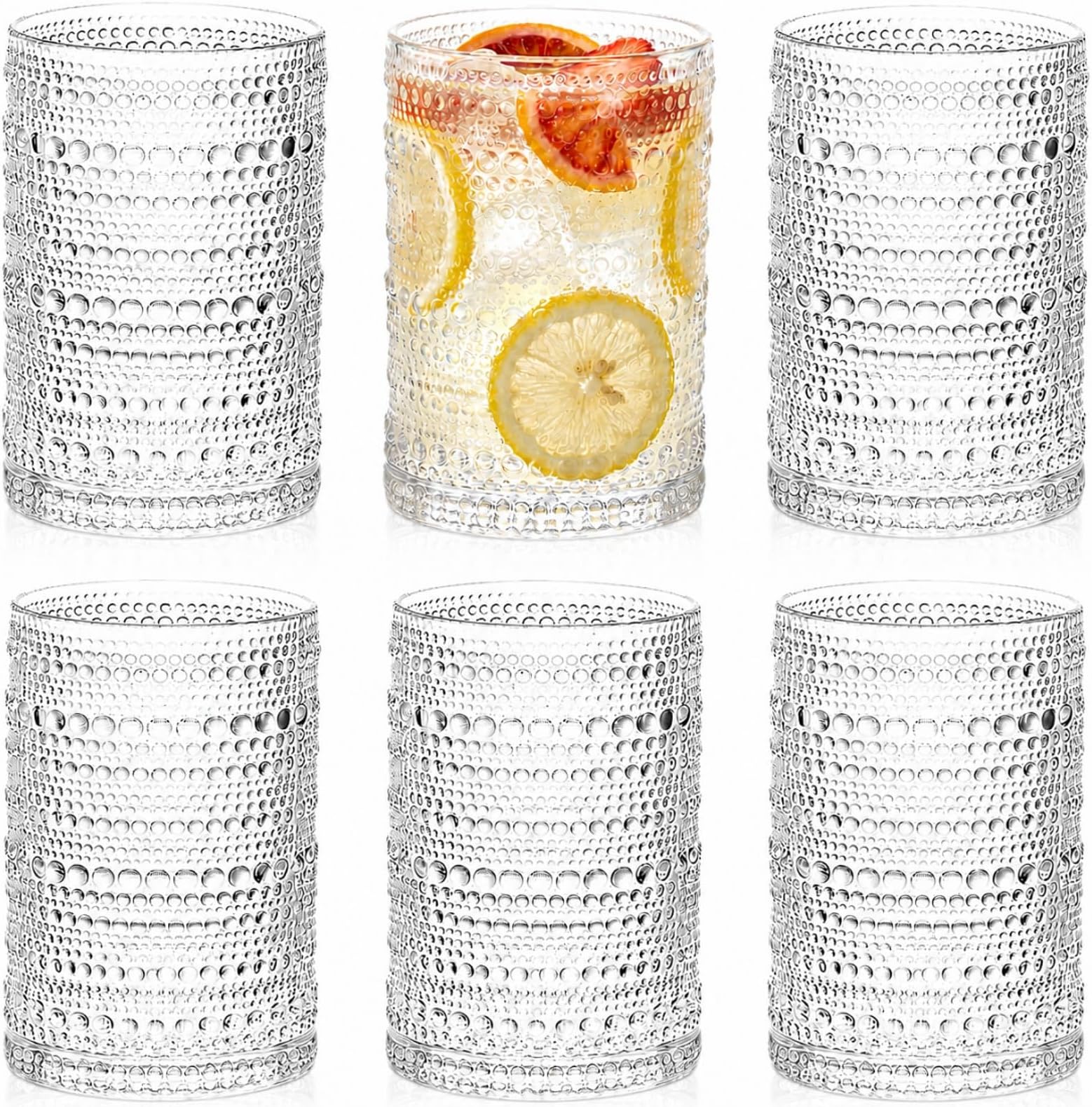 Set of 6 Vintage Drinking Glasses, 13 oz Clear Hobnail Glasses Tumbler, Embossed Design Glassware for Beverages, Water, Juice, Beer, Cocktail, Whiskey and Milk