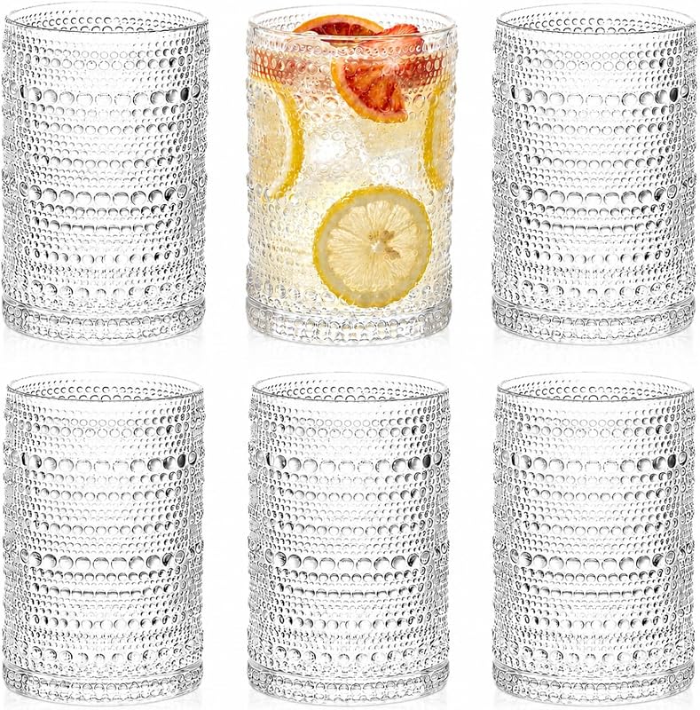 Juego de 6 vasos vintage para beber, vaso transparente de 13 oz, cristalería con diseño en relieve para bebidas, agua, jugo, cerveza, cóctel, whisky y leche