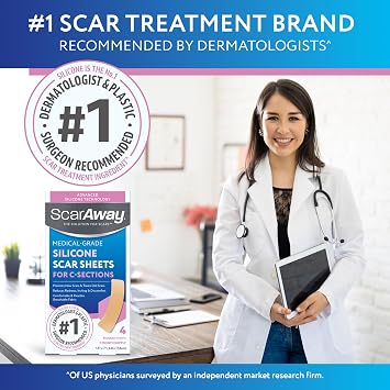 ScarAway Advanced Silicone Scar Sheets for C-Section, Reusable Strips (1.5 x 7) for Hypertrophic and Keloid Scars from C-Section & Other Surgeries, 4 Sheets